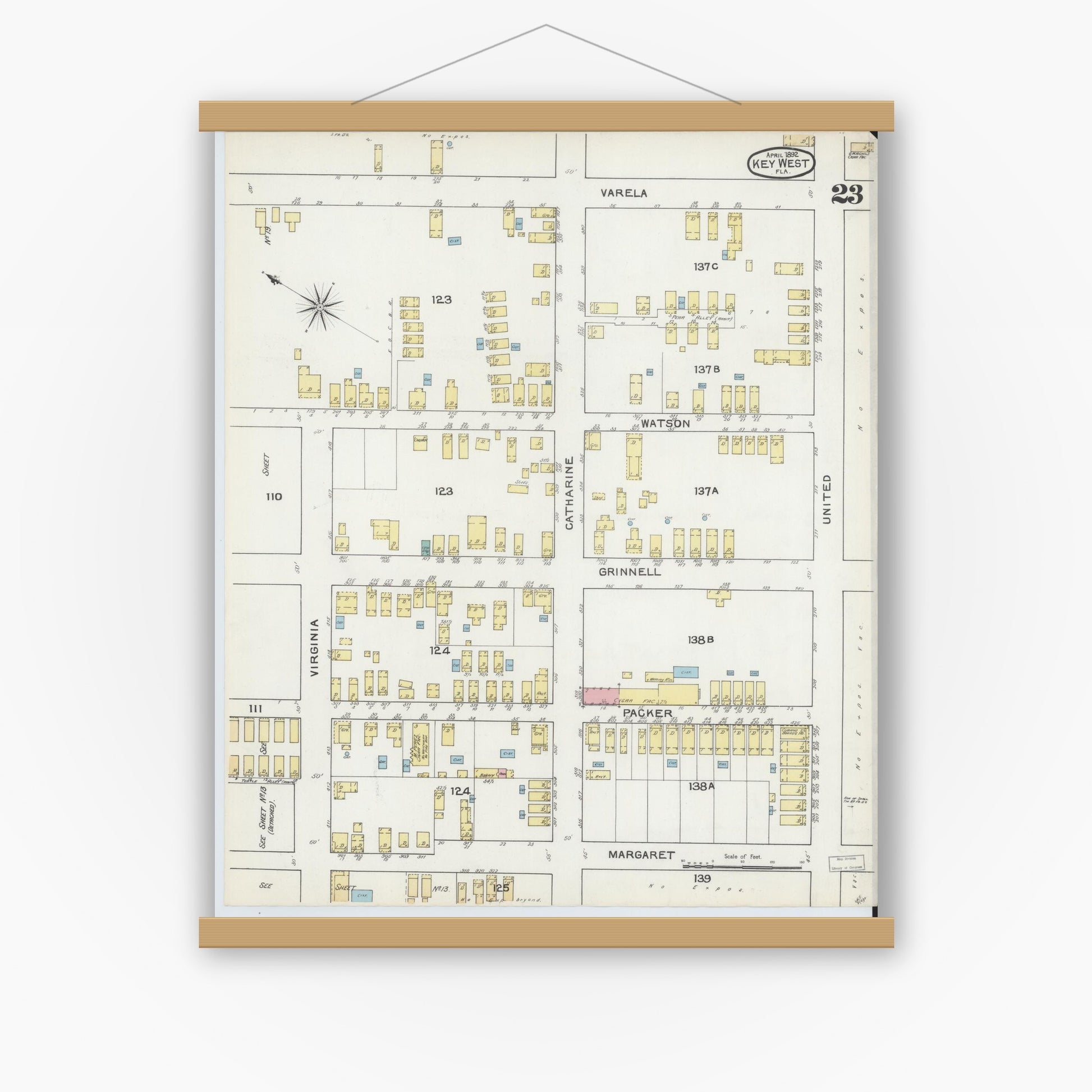 Old map wall art mockup — magnetic wood frame on white wall — Sanborn Fire Insurance Map from Key West, Monroe County, Florida (1892), Sheet #0023