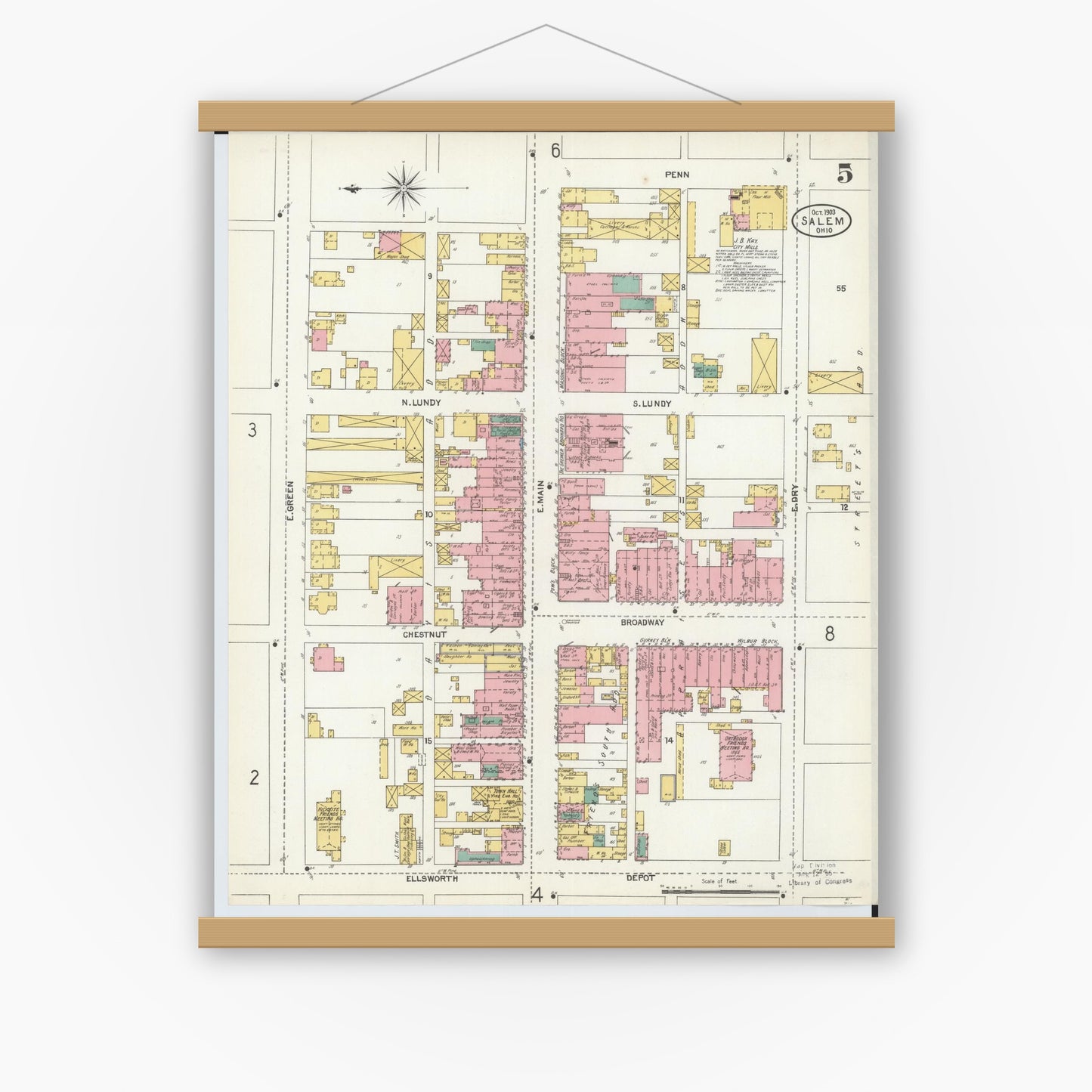 Old map wall art mockup — magnetic wood frame on white wall — Sanborn Fire Insurance Map from Salem, Columbiana County, Ohio (1903), Sheet #0005