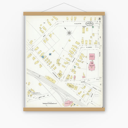 Old map wall art mockup — magnetic wood frame on white wall — Sanborn Fire Insurance Map from Carthage, Jefferson County, New York (1908), Sheet #0003