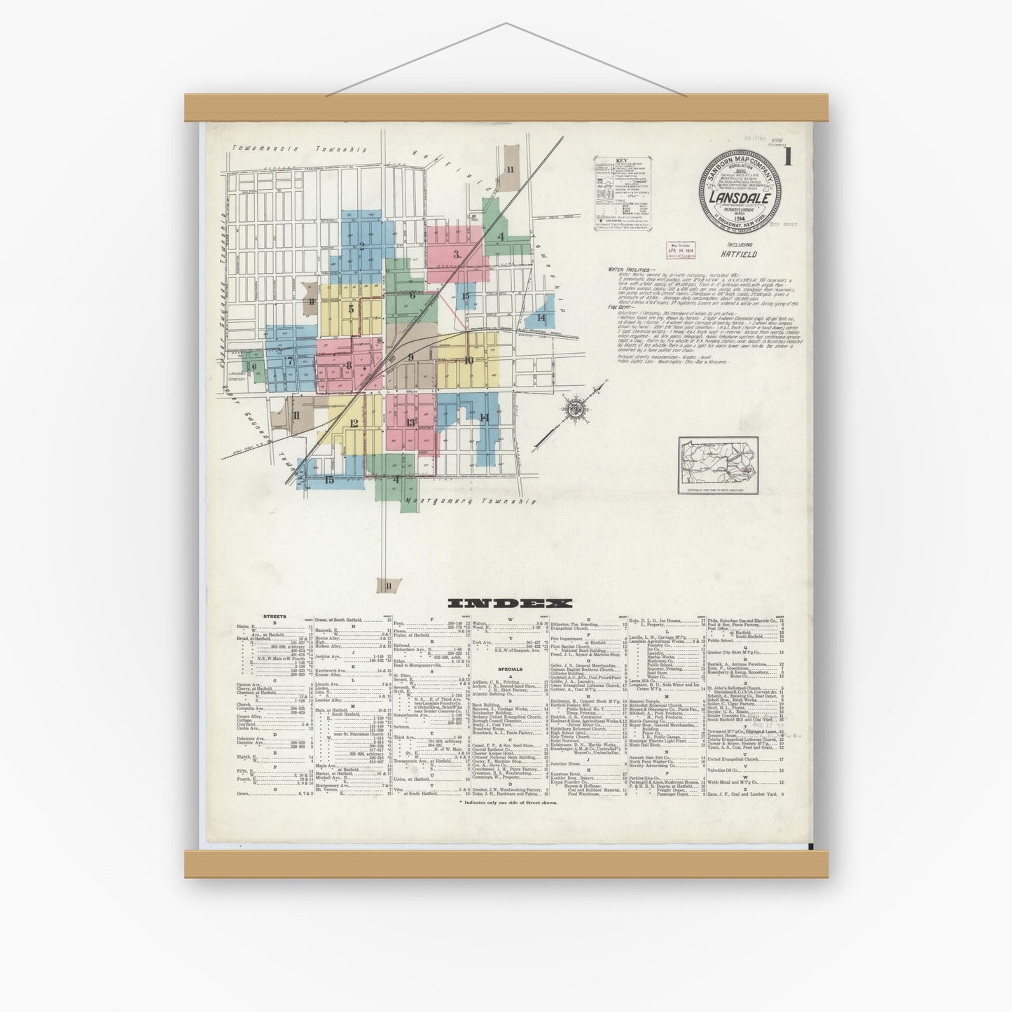 Old map wall art mockup — magnetic wood frame on white wall — Sanborn Fire Insurance Map from Lansdale, Montgomery County, Pennsylvania (1914) - Complete Map Set