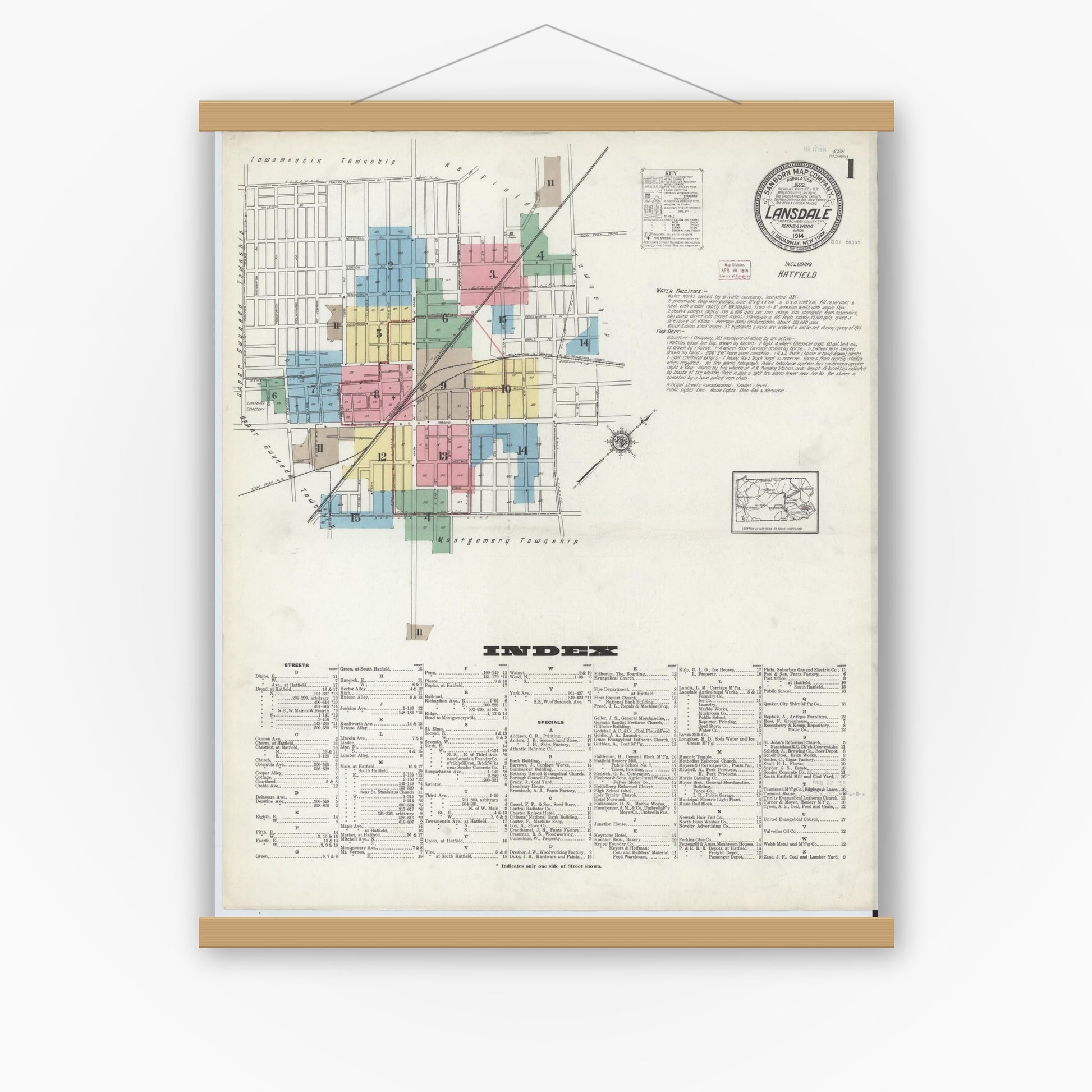 Old map wall art mockup — magnetic wood frame on white wall — Sanborn Fire Insurance Map from Lansdale, Montgomery County, Pennsylvania (1914) - Complete Map Set