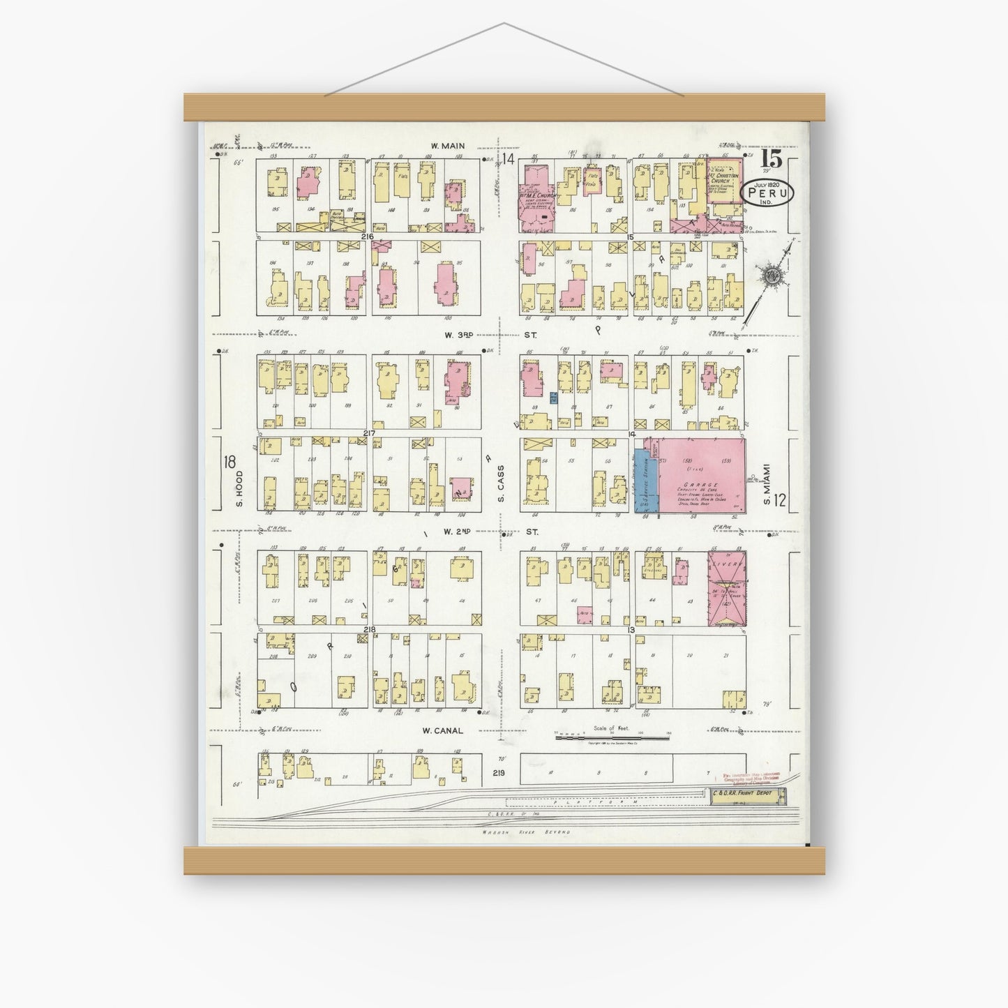 Old map wall art mockup — magnetic wood frame on white wall — Sanborn Fire Insurance Map from Peru, Miami County, Indiana (1920), Sheet #0015