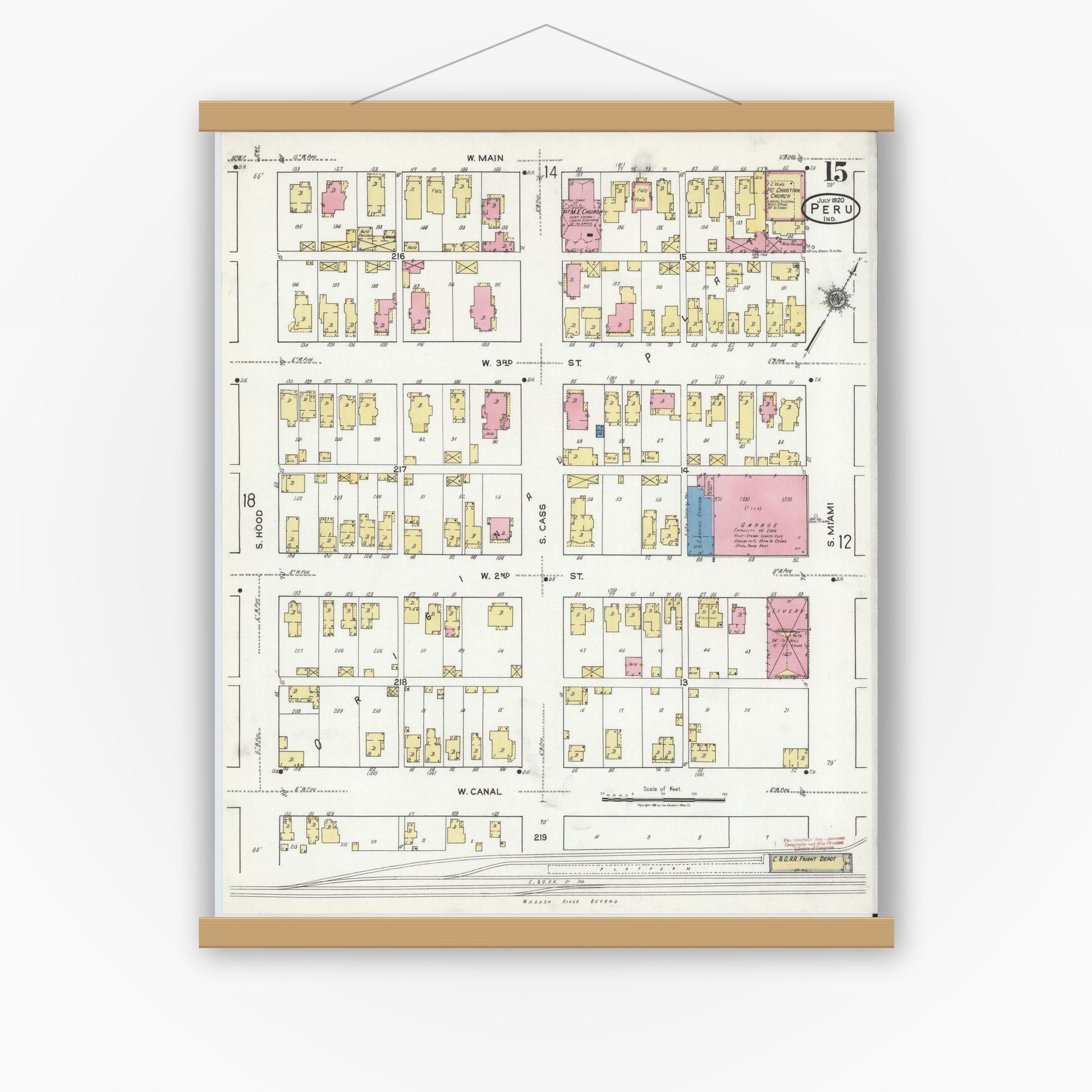 Old map wall art mockup — magnetic wood frame on white wall — Sanborn Fire Insurance Map from Peru, Miami County, Indiana (1920), Sheet #0015