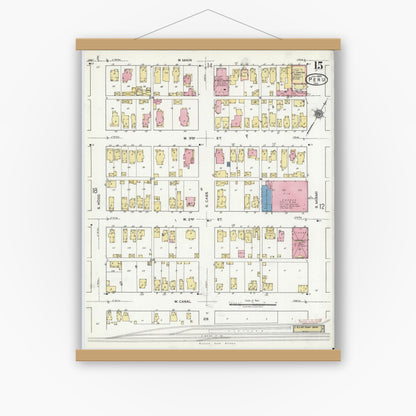 Old map wall art mockup — magnetic wood frame on white wall — Sanborn Fire Insurance Map from Peru, Miami County, Indiana (1920), Sheet #0015