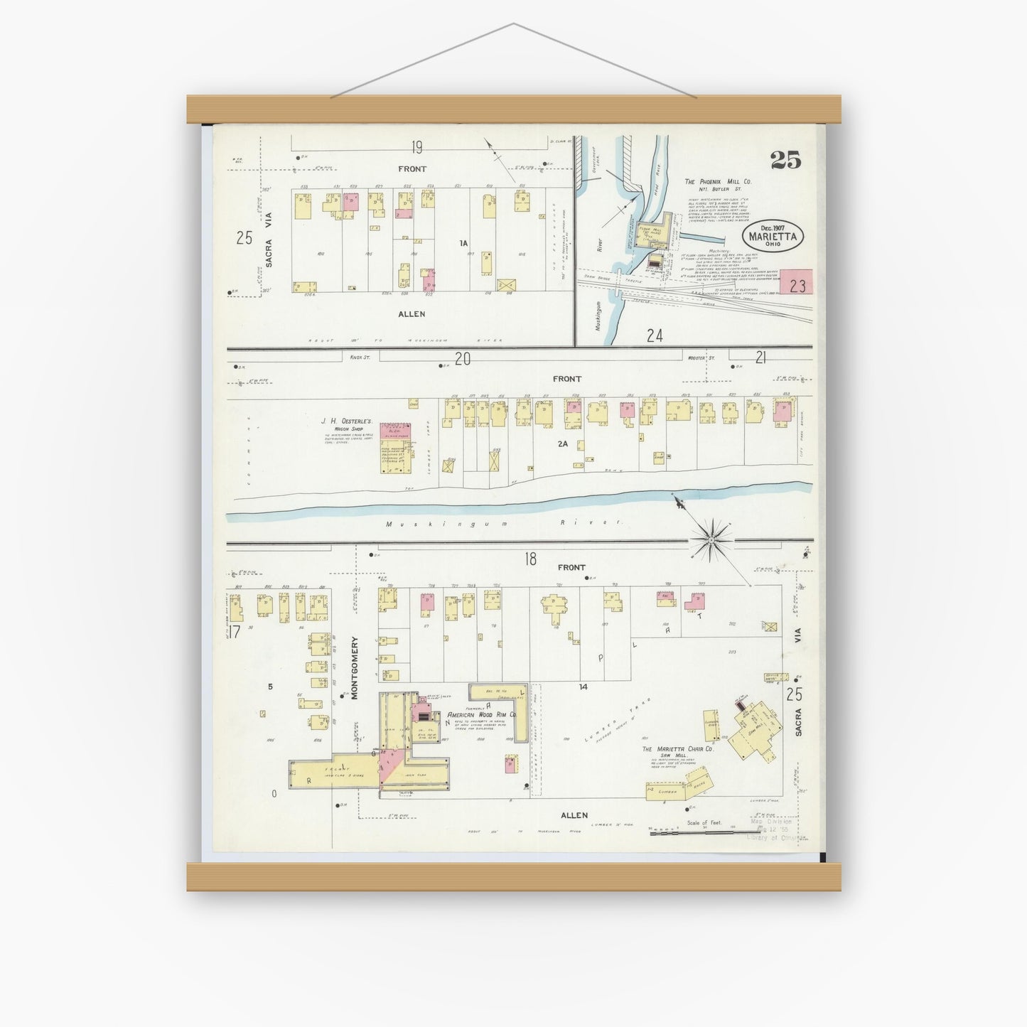 Old map wall art mockup — magnetic wood frame on white wall — Sanborn Fire Insurance Map from Marietta, Washington County, Ohio (1907), Sheet #0025