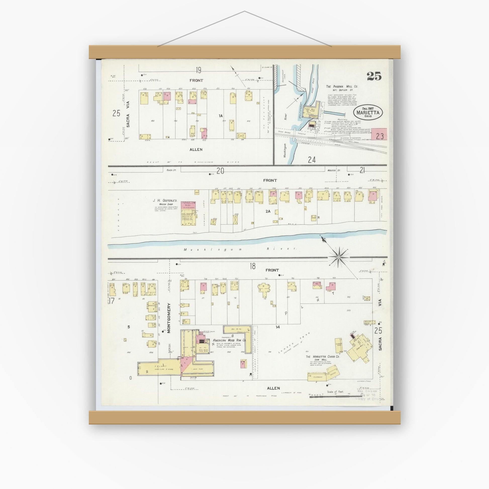 Old map wall art mockup — magnetic wood frame on white wall — Sanborn Fire Insurance Map from Marietta, Washington County, Ohio (1907), Sheet #0025