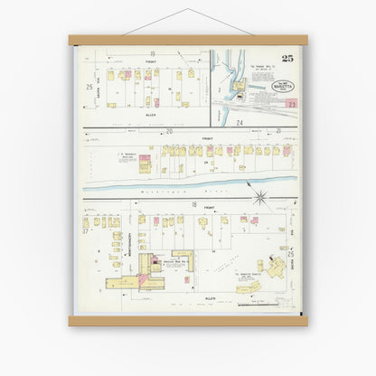 Old map wall art mockup — magnetic wood frame on white wall — Sanborn Fire Insurance Map from Marietta, Washington County, Ohio (1907), Sheet #0025