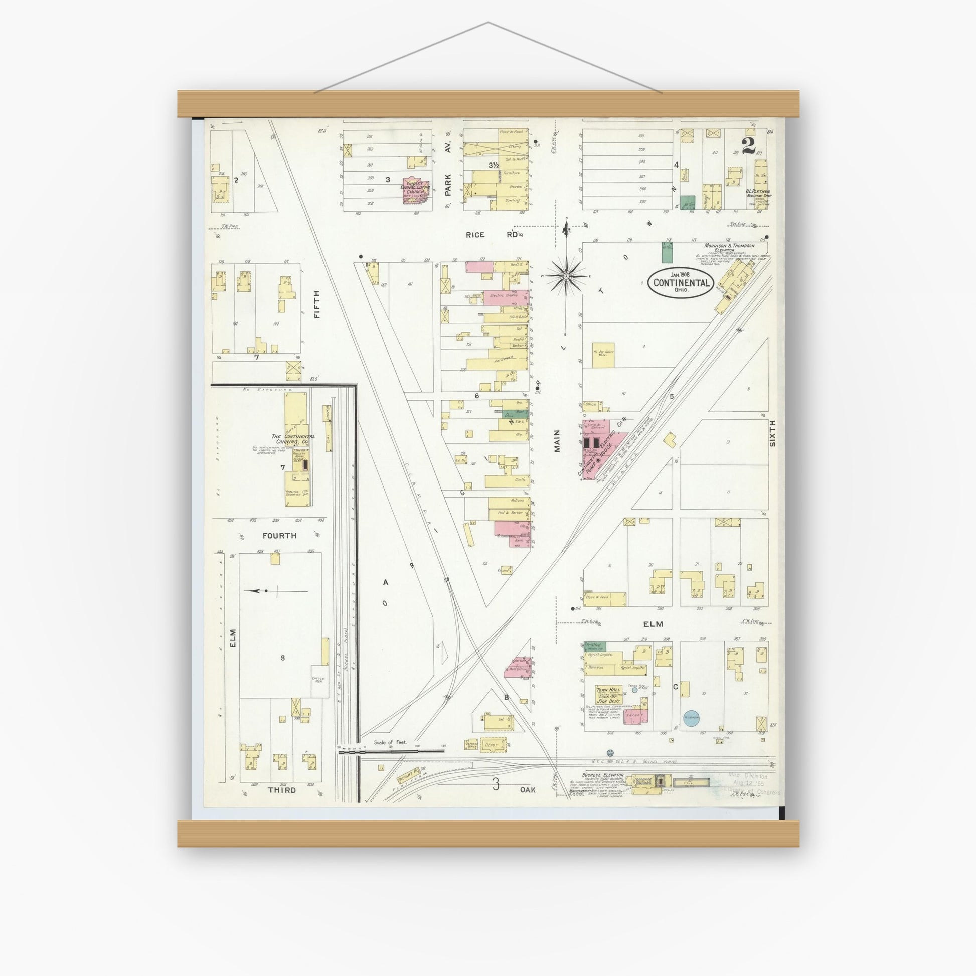 Old map wall art mockup — magnetic wood frame on white wall — Sanborn Fire Insurance Map from Continental, Putnam County, Ohio (1908), Sheet #0002