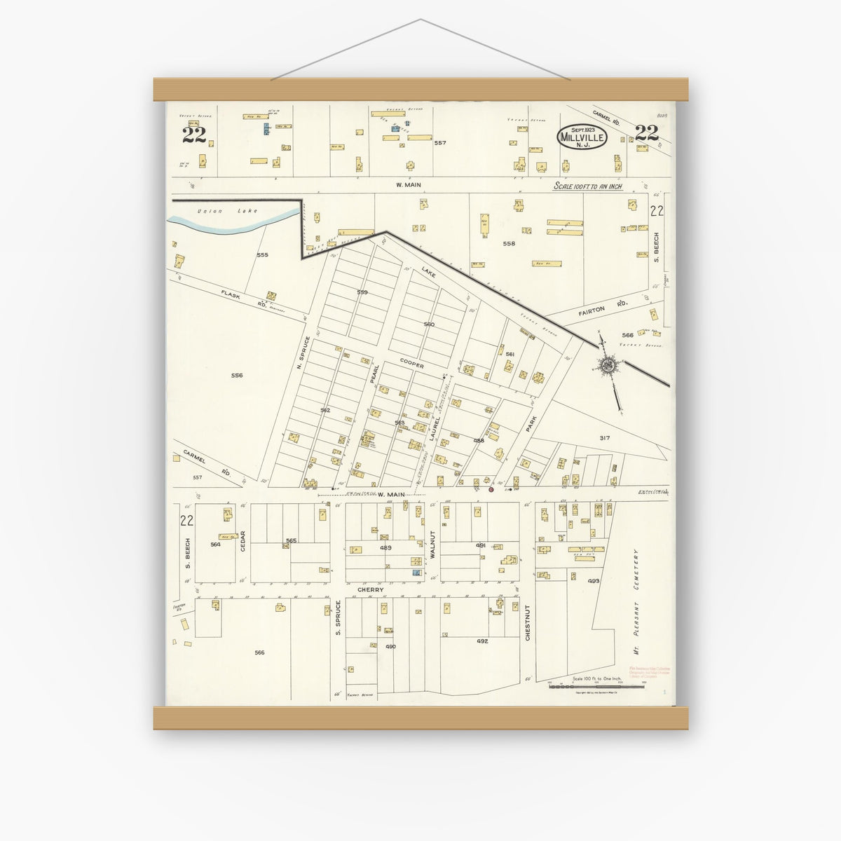 Old map wall art mockup — magnetic wood frame on white wall — Sanborn Fire Insurance Map from Millville, Cumberland County, New Jersey (1923), Sheet #0022