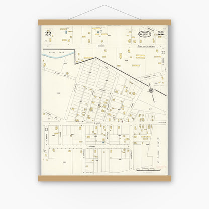 Old map wall art mockup — magnetic wood frame on white wall — Sanborn Fire Insurance Map from Millville, Cumberland County, New Jersey (1923), Sheet #0022