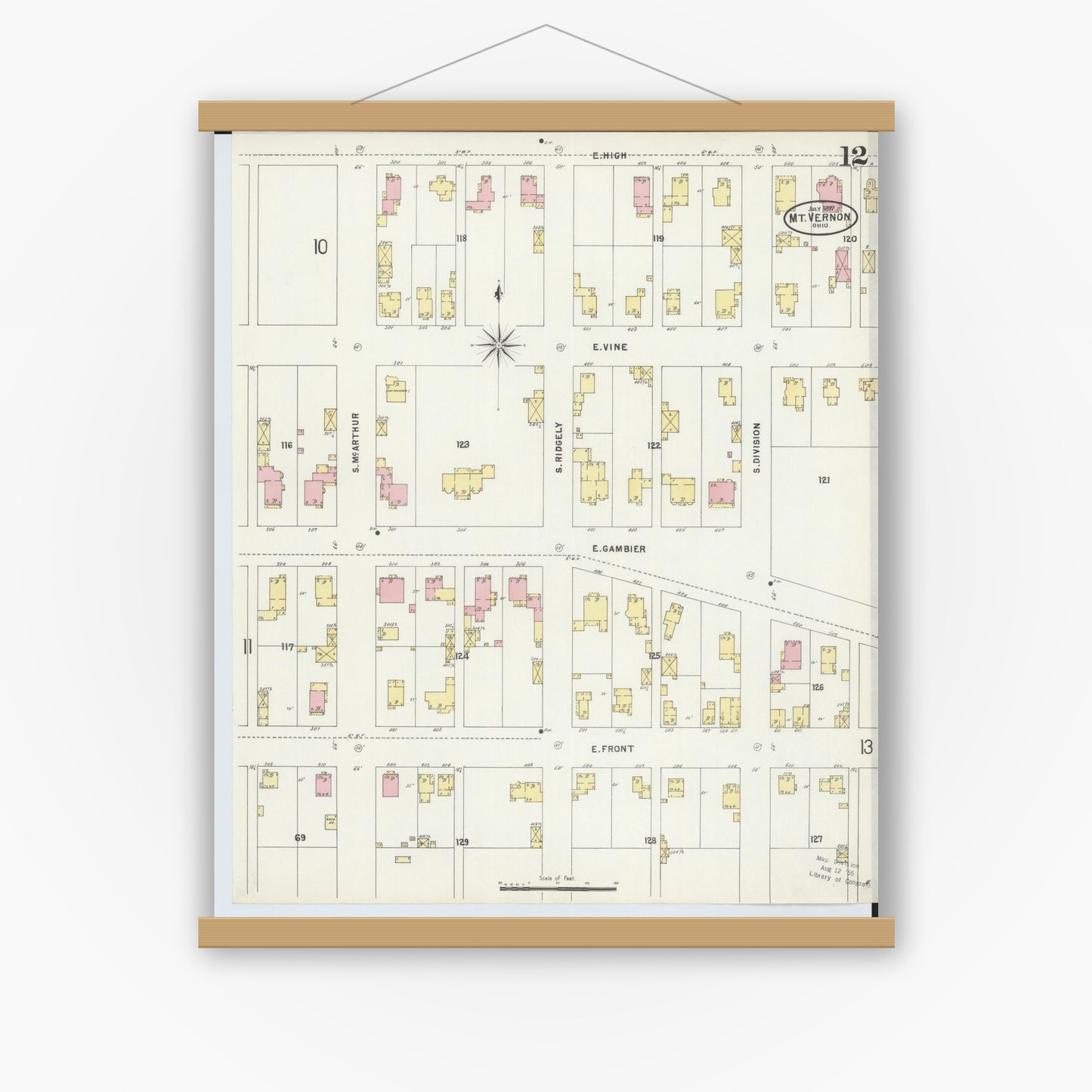 Old map wall art mockup — magnetic wood frame on white wall — Sanborn Fire Insurance Map from Mount Vernon, Knox County, Ohio (1897), Sheet #0012