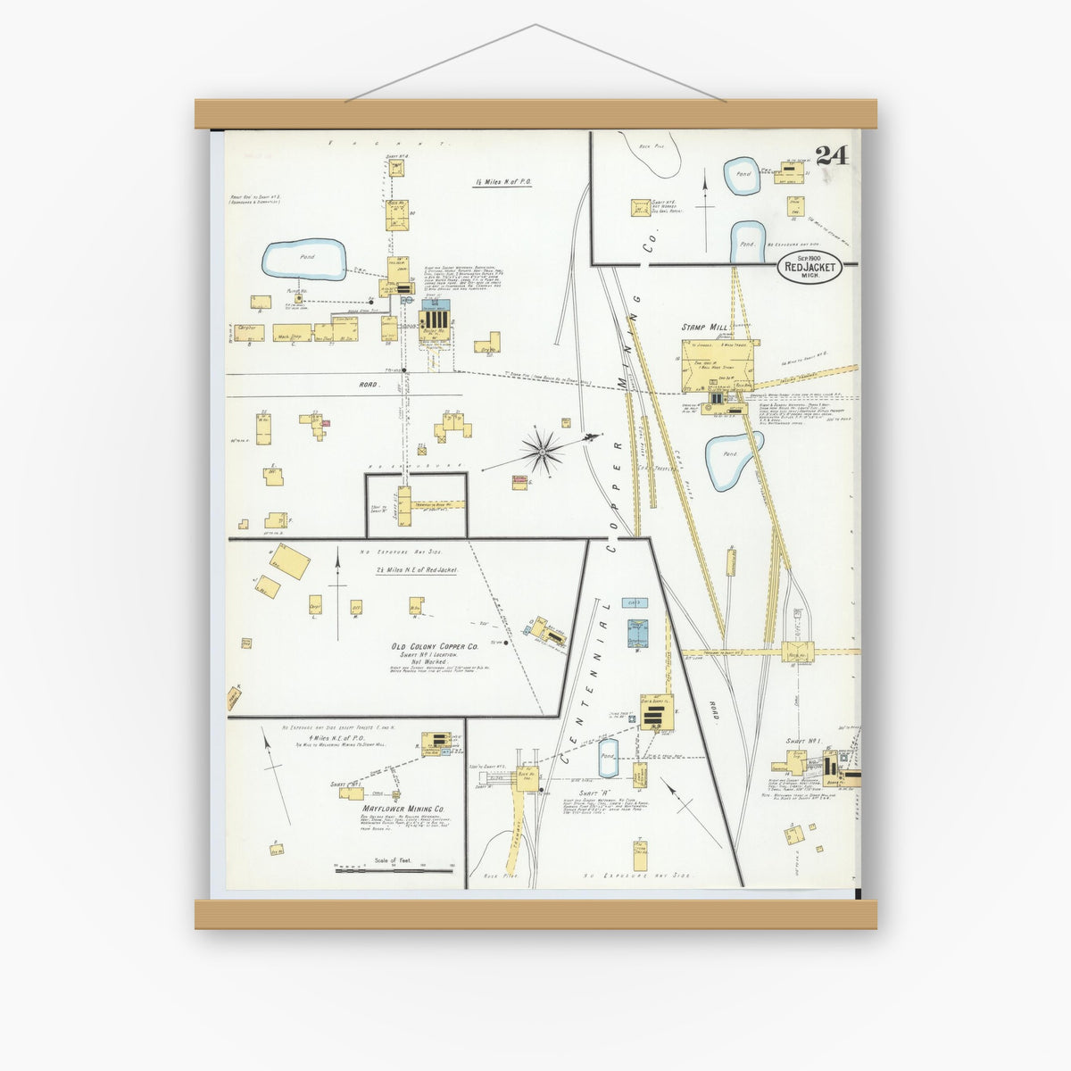 Old map wall art mockup — magnetic wood frame on white wall — Sanborn Fire Insurance Map from Red Jacket, Houghton County, Michigan (1900), Sheet #0024