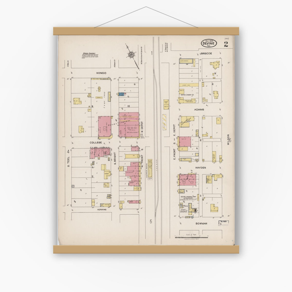 Old map wall art mockup — magnetic wood frame on white wall — Sanborn Fire Insurance Map from Devine, Medina County, Texas (1922), Sheet #0002