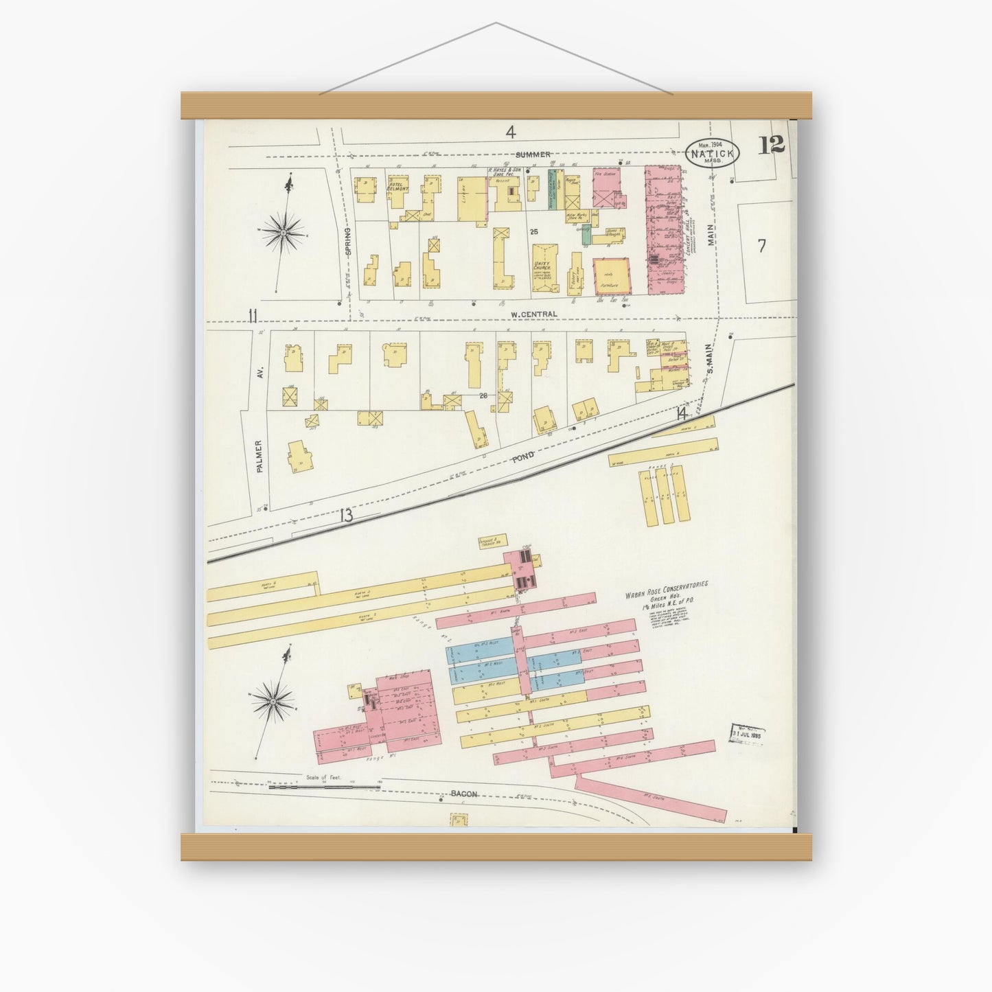 Old map wall art mockup — magnetic wood frame on white wall — Sanborn Fire Insurance Map from Natick, Middlesex County, Massachusetts (1904), Sheet #0012