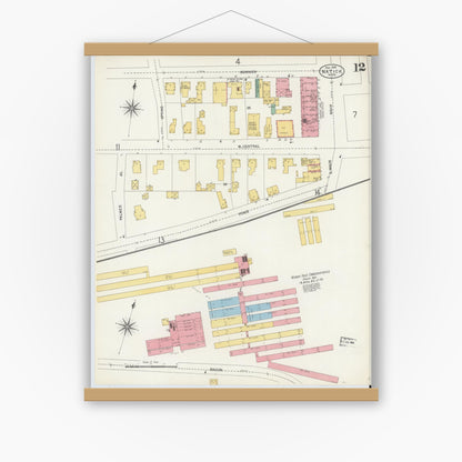 Old map wall art mockup — magnetic wood frame on white wall — Sanborn Fire Insurance Map from Natick, Middlesex County, Massachusetts (1904), Sheet #0012
