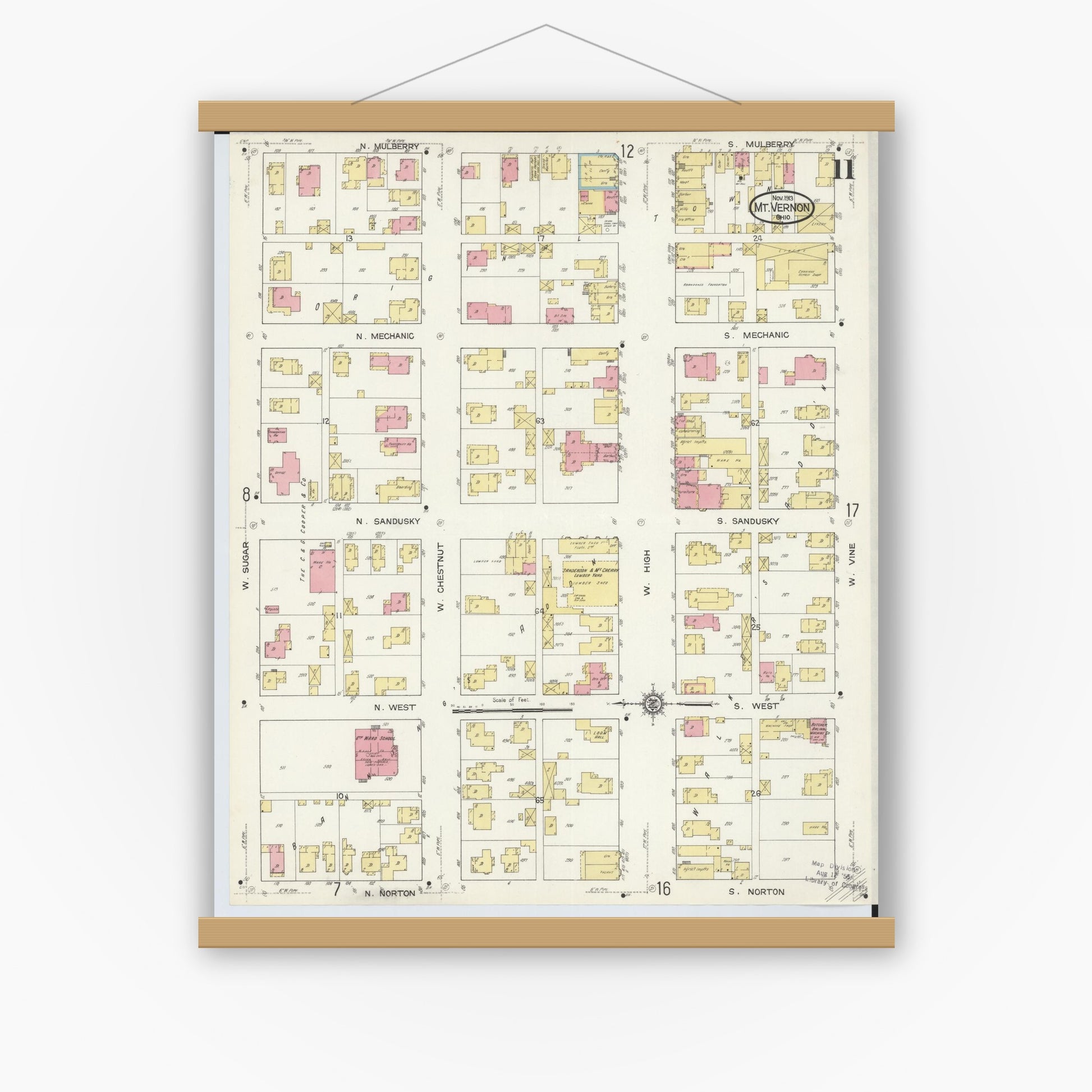 Old map wall art mockup — magnetic wood frame on white wall — Sanborn Fire Insurance Map from Mount Vernon, Knox County, Ohio (1913), Sheet #0011