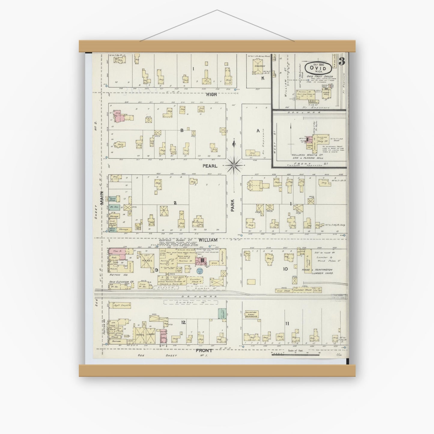 Old map wall art mockup — magnetic wood frame on white wall — Sanborn Fire Insurance Map from Ovid, Clinton County, Michigan (1890), Sheet #0003
