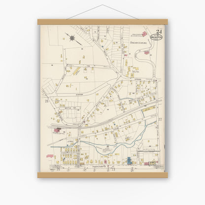 Old map wall art mockup — magnetic wood frame on white wall — Sanborn Fire Insurance Map from Arlington, Middlesex County, Massachusetts (1922), Sheet #0024