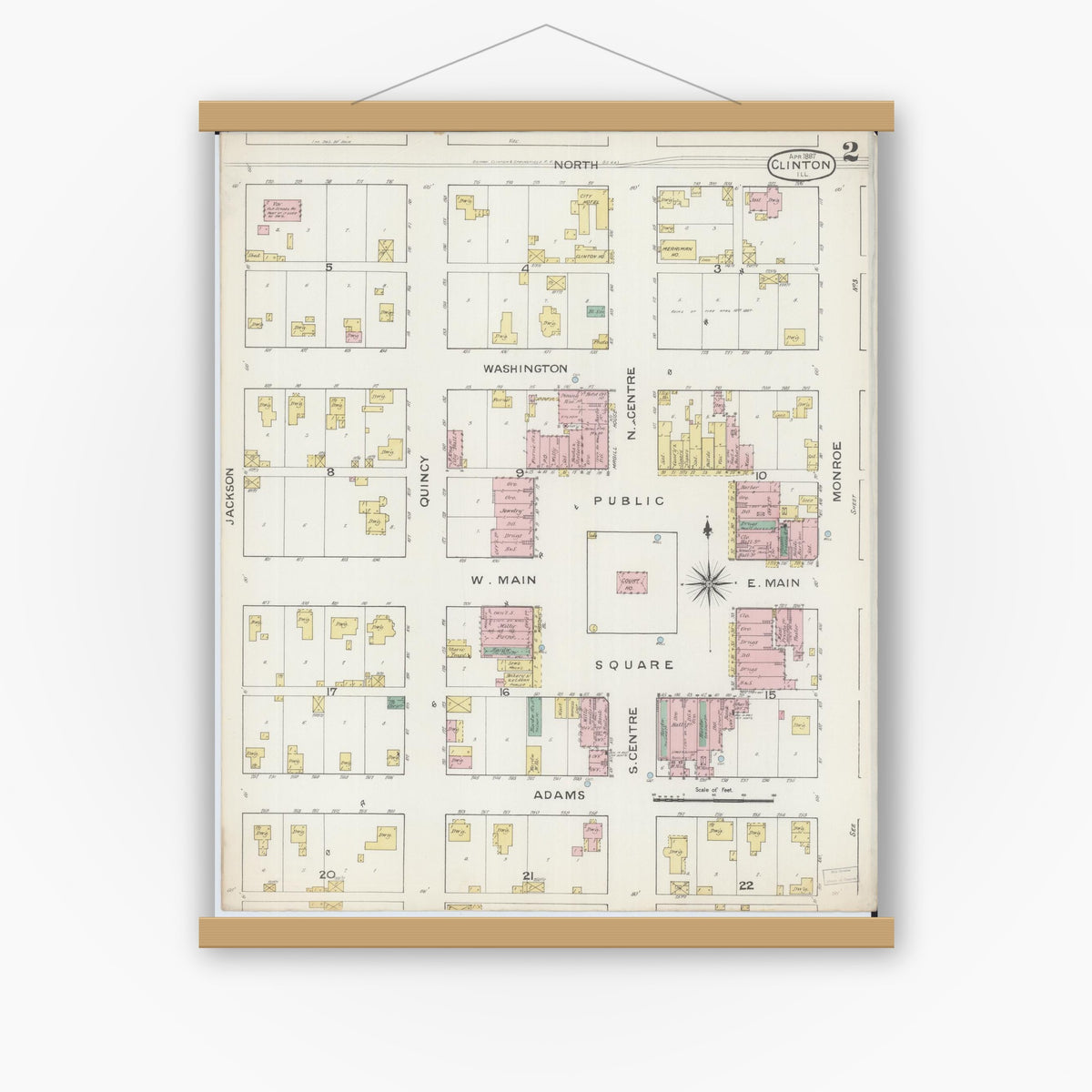 Old map wall art mockup — magnetic wood frame on white wall — Sanborn Fire Insurance Map from Clinton, De Witt County, Illinois (1887), Sheet #0002