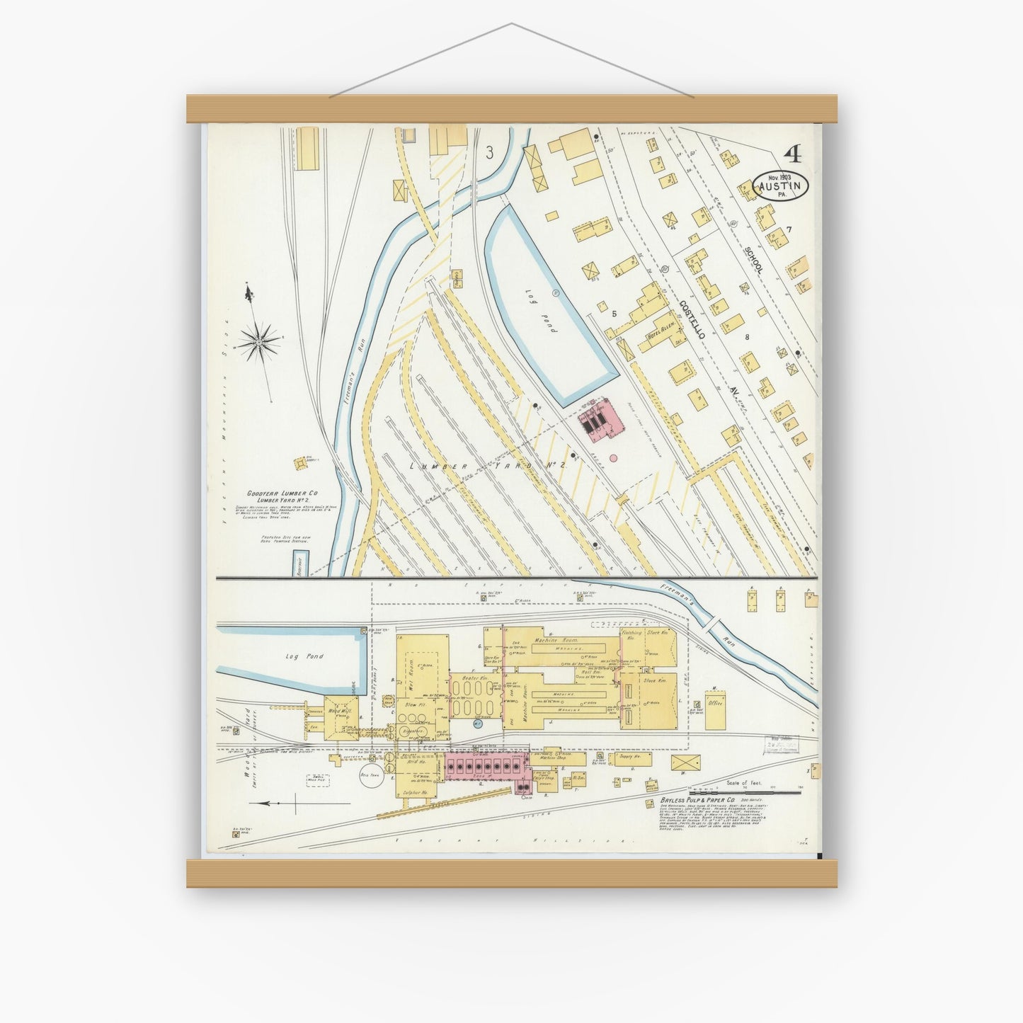 Old map wall art mockup — magnetic wood frame on white wall — Sanborn Fire Insurance Map from Austin, Potter County, Pennsylvania (1903), Sheet #0004