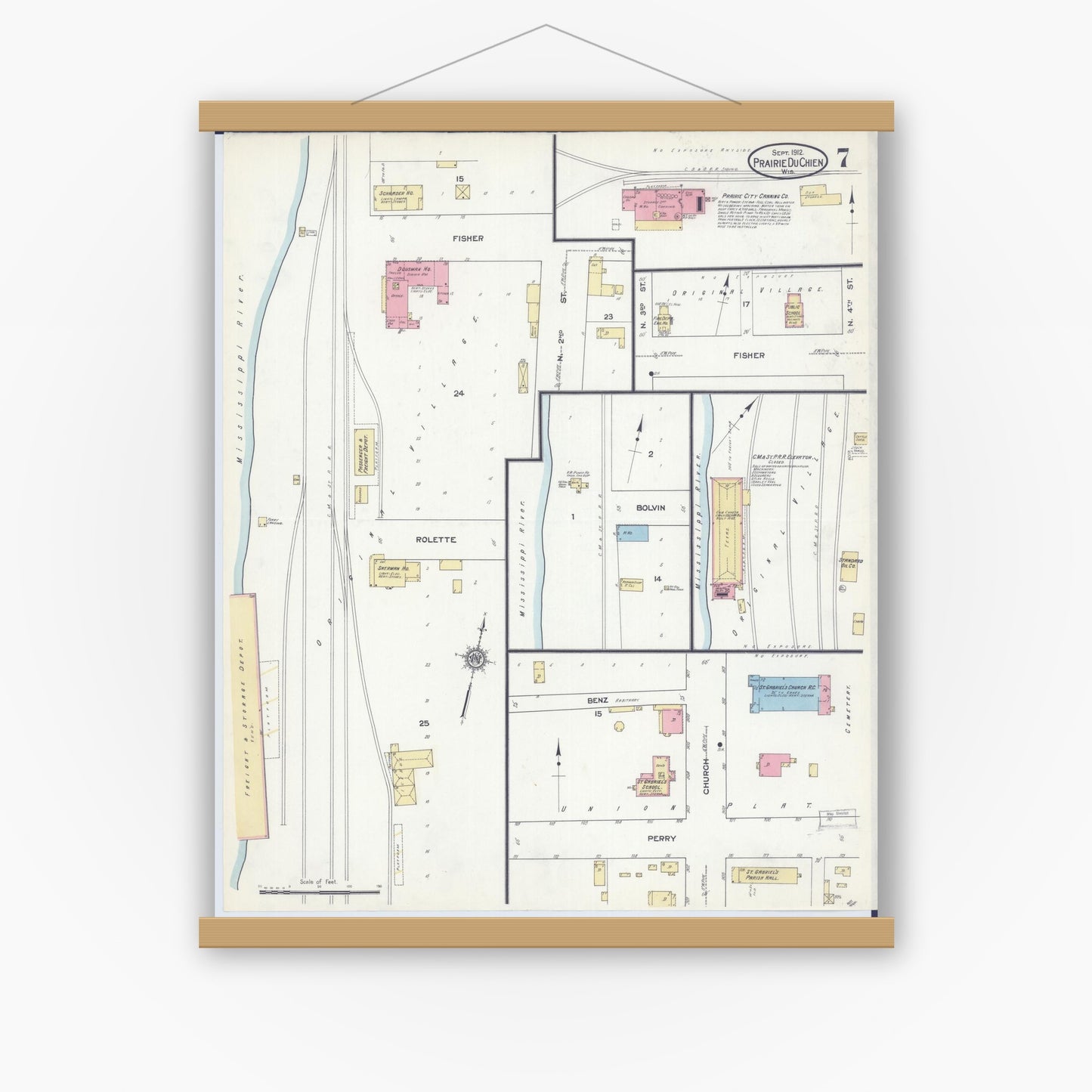 Old map wall art mockup — magnetic wood frame on white wall — Sanborn Fire Insurance Map from Prairie du Chien, Crawford County, Wisconsin (1912), Sheet #0007