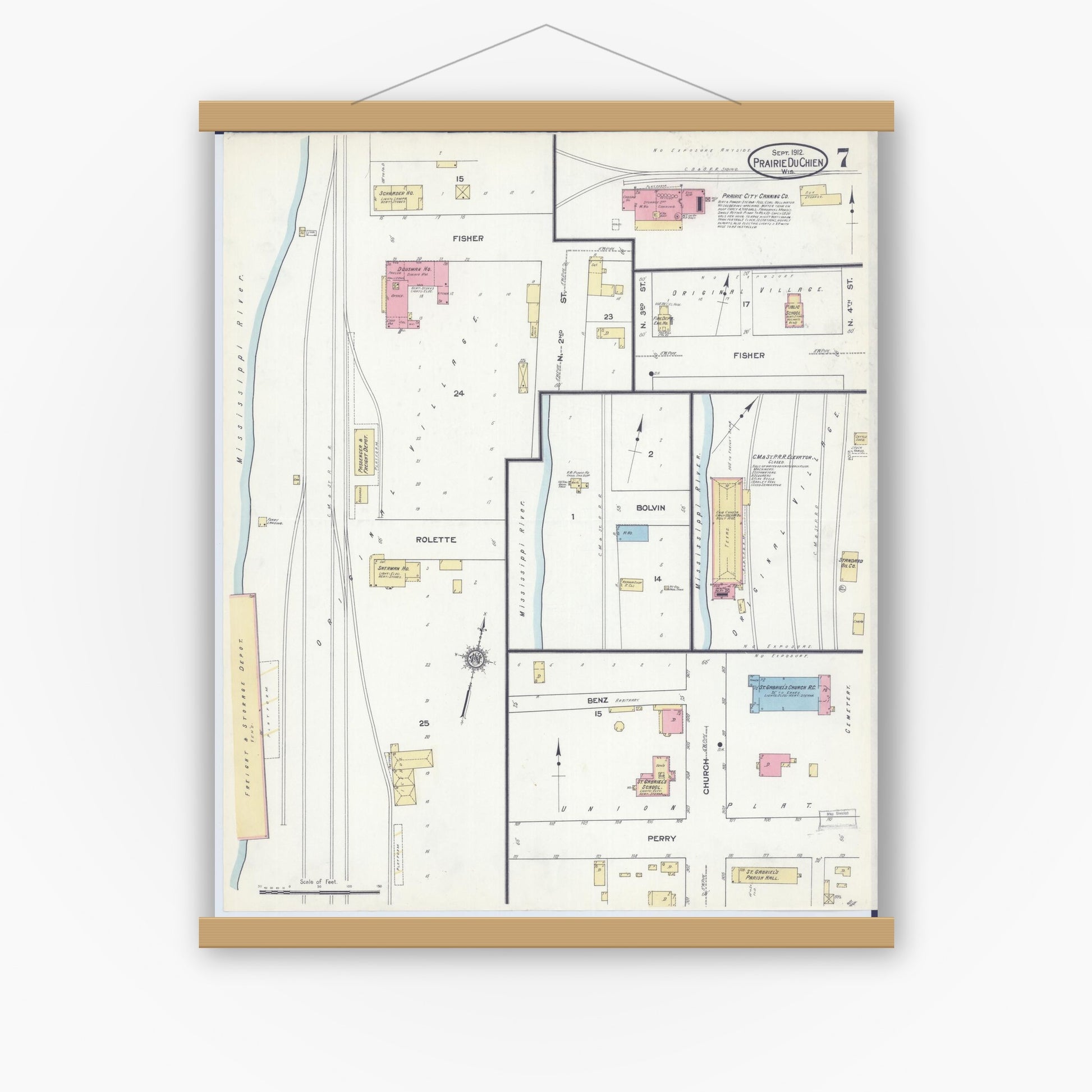 Old map wall art mockup — magnetic wood frame on white wall — Sanborn Fire Insurance Map from Prairie du Chien, Crawford County, Wisconsin (1912), Sheet #0007