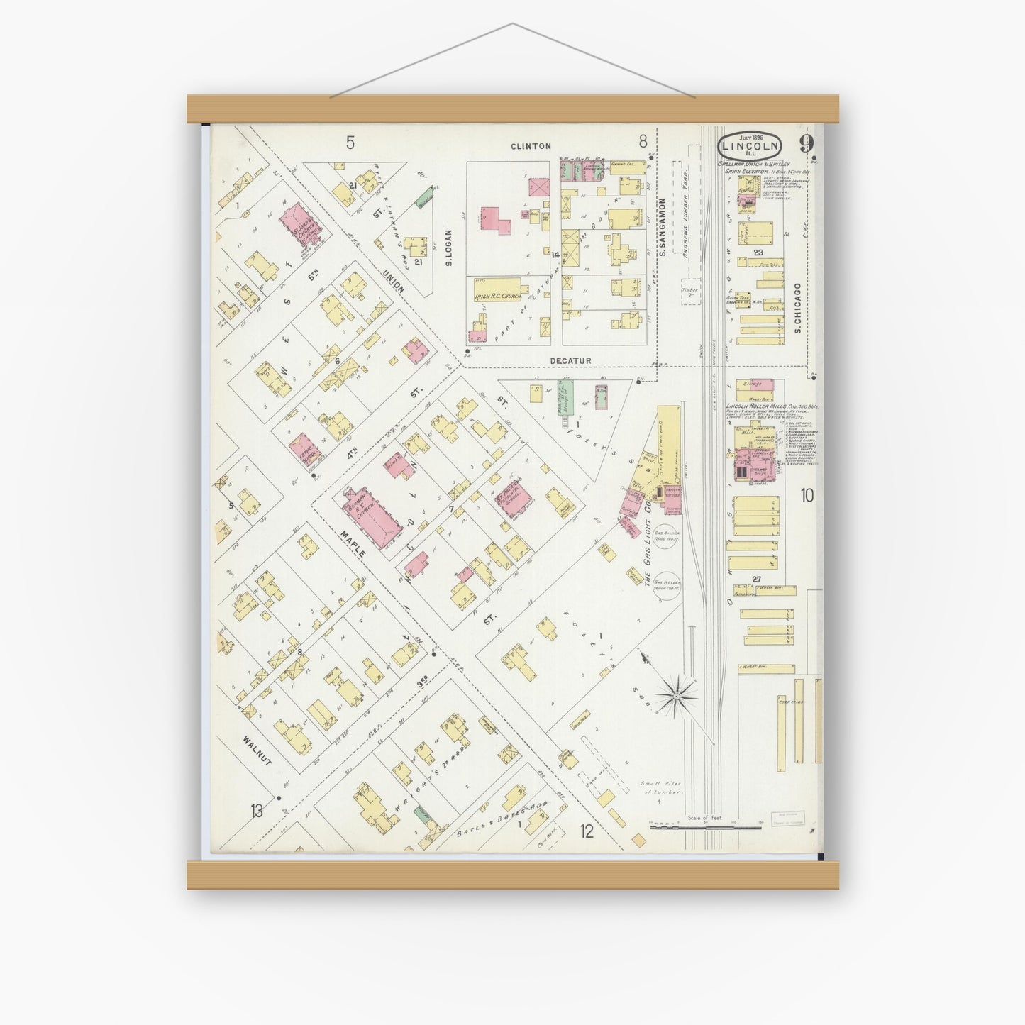 Old map wall art mockup — magnetic wood frame on white wall — Sanborn Fire Insurance Map from Lincoln, Logan County, Illinois (1896), Sheet #0009