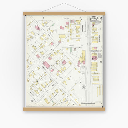 Old map wall art mockup — magnetic wood frame on white wall — Sanborn Fire Insurance Map from Lincoln, Logan County, Illinois (1896), Sheet #0009