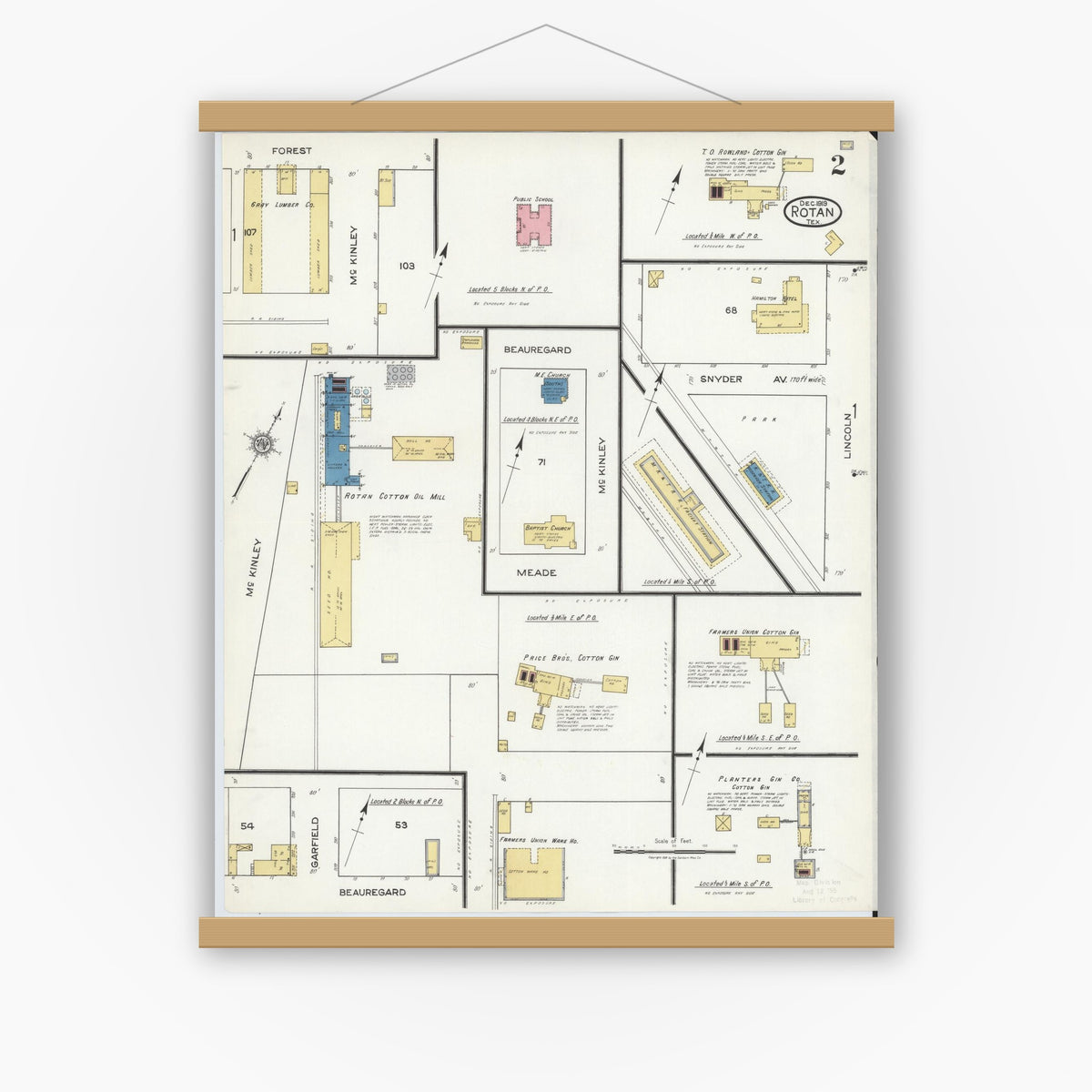 Old map wall art mockup — magnetic wood frame on white wall — Sanborn Fire Insurance Map from Rotan, Fisher County, Texas (1919), Sheet #0002
