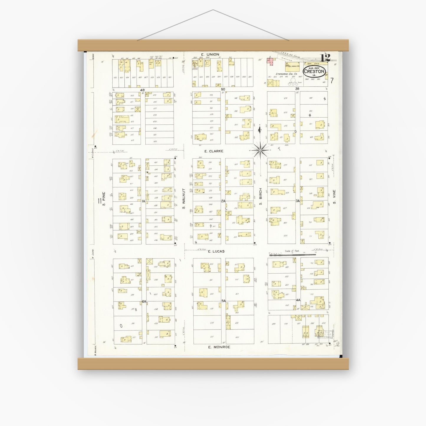 Old map wall art mockup — magnetic wood frame on white wall — Sanborn Fire Insurance Map from Creston, Union County, Iowa (1907), Sheet #0012
