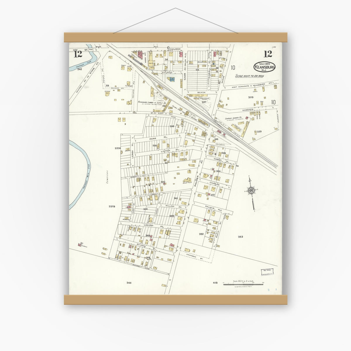 Old map wall art mockup — magnetic wood frame on white wall — Sanborn Fire Insurance Map from Keansburg, Monmouth County, New Jersey (1923), Sheet #0012