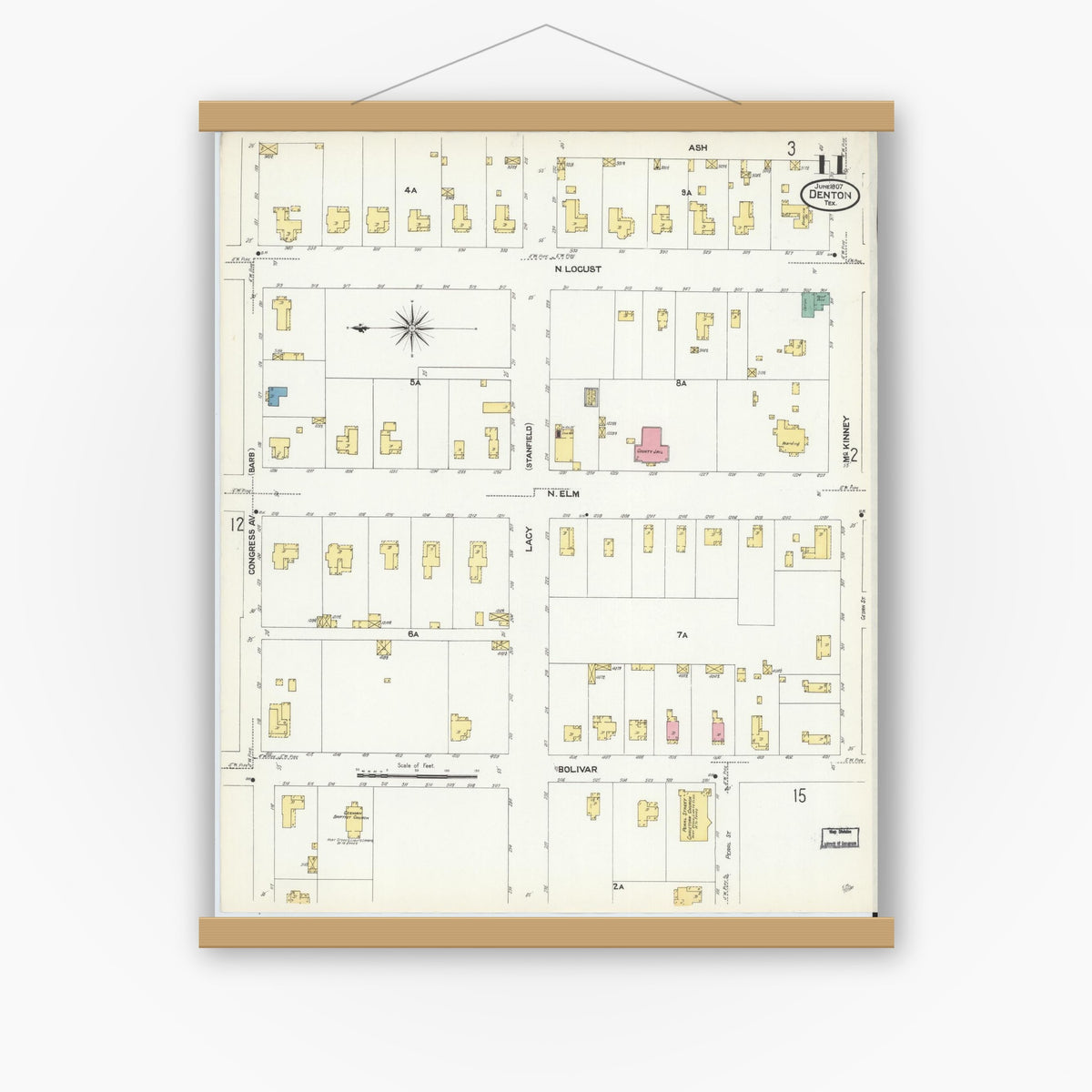 Old map wall art mockup — magnetic wood frame on white wall — Sanborn Fire Insurance Map from Denton, Denton County, Texas (1907), Sheet #0011