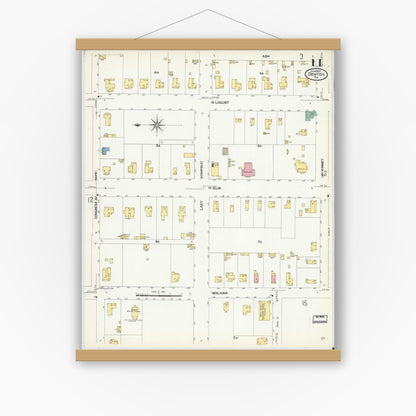 Old map wall art mockup — magnetic wood frame on white wall — Sanborn Fire Insurance Map from Denton, Denton County, Texas (1907), Sheet #0011