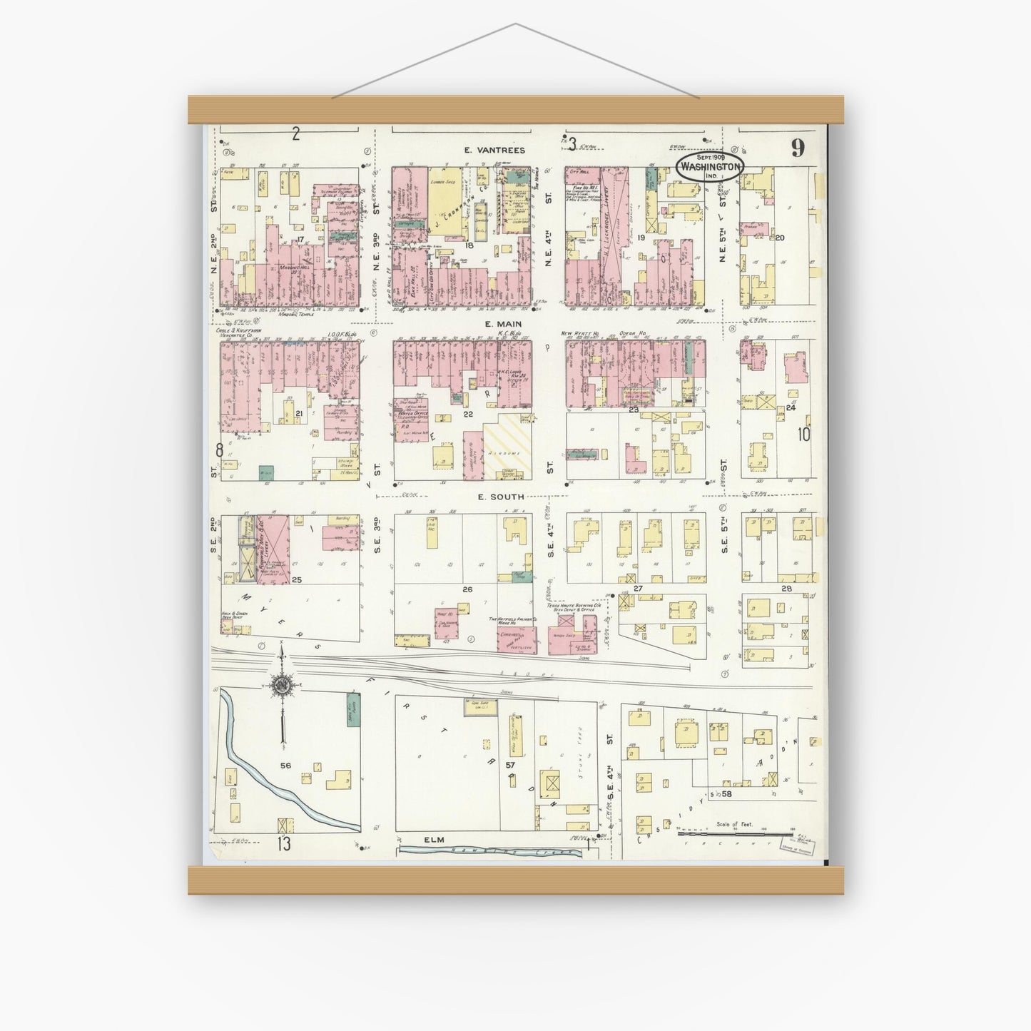 Old map wall art mockup — magnetic wood frame on white wall — Sanborn Fire Insurance Map from Washington, Daviess County, Indiana (1909), Sheet #0009