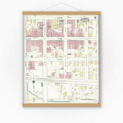Old map wall art mockup — magnetic wood frame on white wall — Sanborn Fire Insurance Map from Washington, Daviess County, Indiana (1909), Sheet #0009
