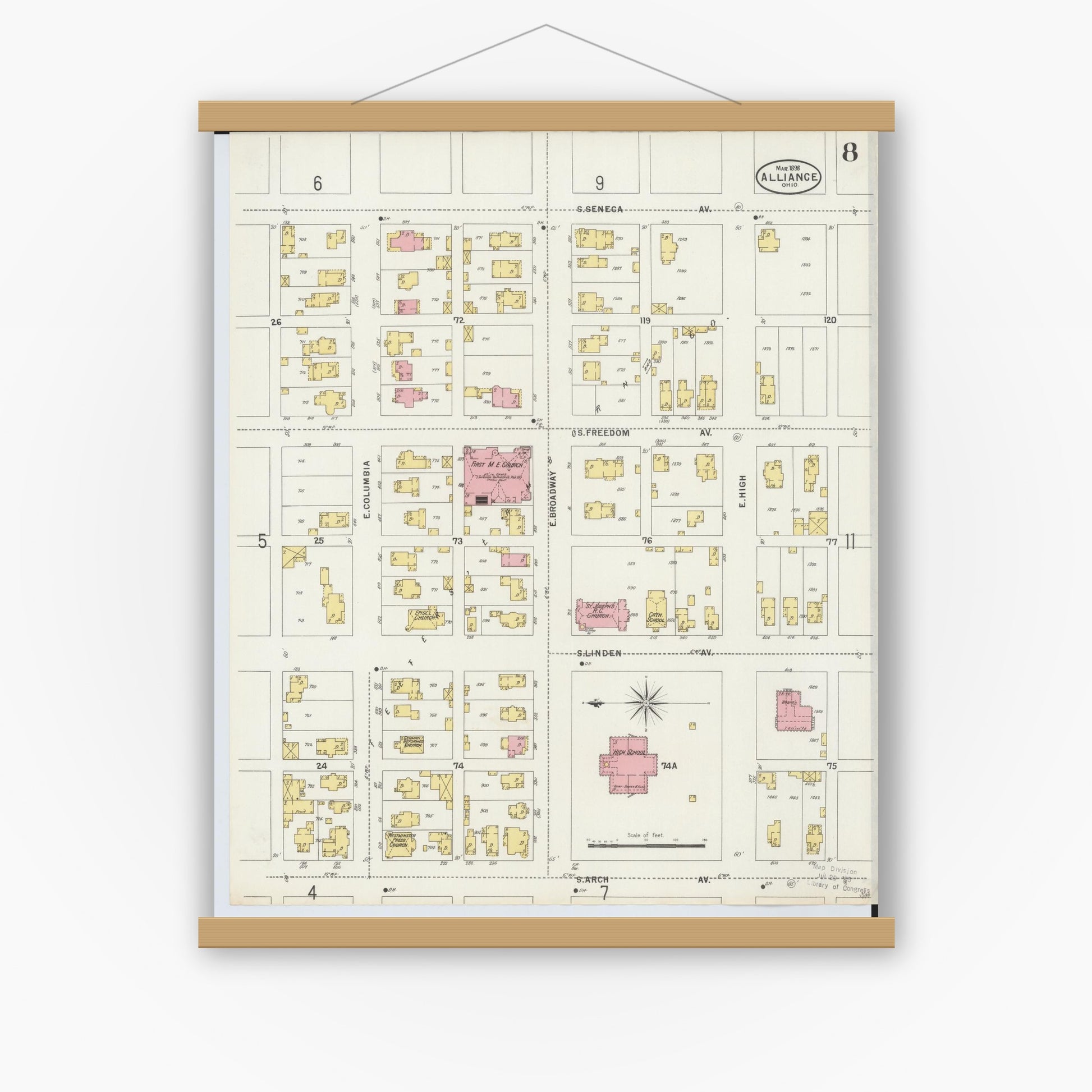 Old map wall art mockup — magnetic wood frame on white wall — Sanborn Fire Insurance Map from Alliance, Stark County, Ohio (1898), Sheet #0008