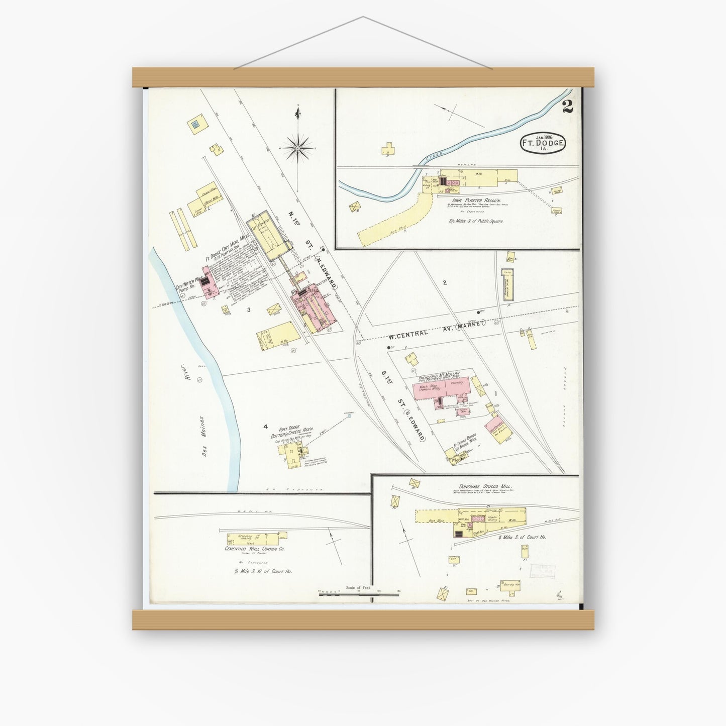 Old map wall art mockup — magnetic wood frame on white wall — Sanborn Fire Insurance Map from Fort Dodge, Webster County, Iowa (1896), Sheet #0002