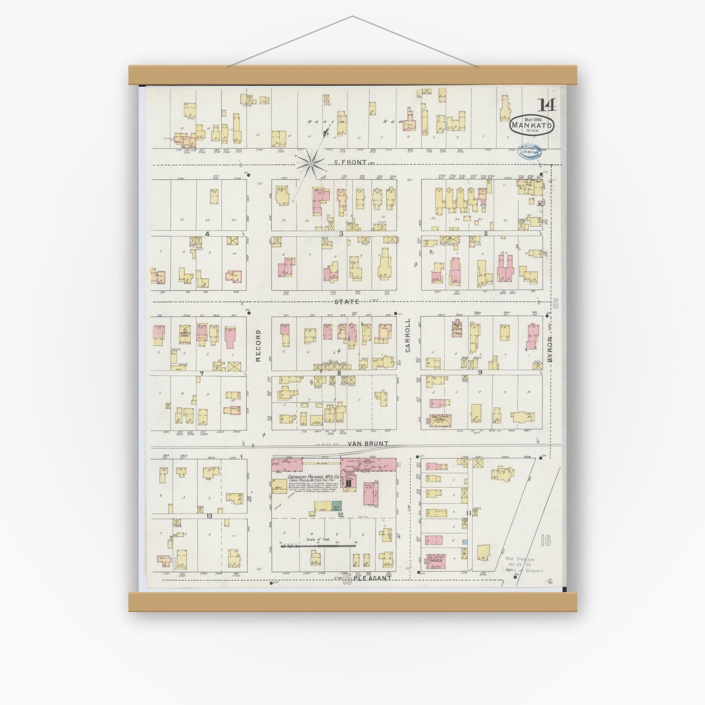Old map wall art mockup — magnetic wood frame on white wall — Sanborn Fire Insurance Map from Mankato, Blue Earth County, Minnesota (1894), Sheet #0014