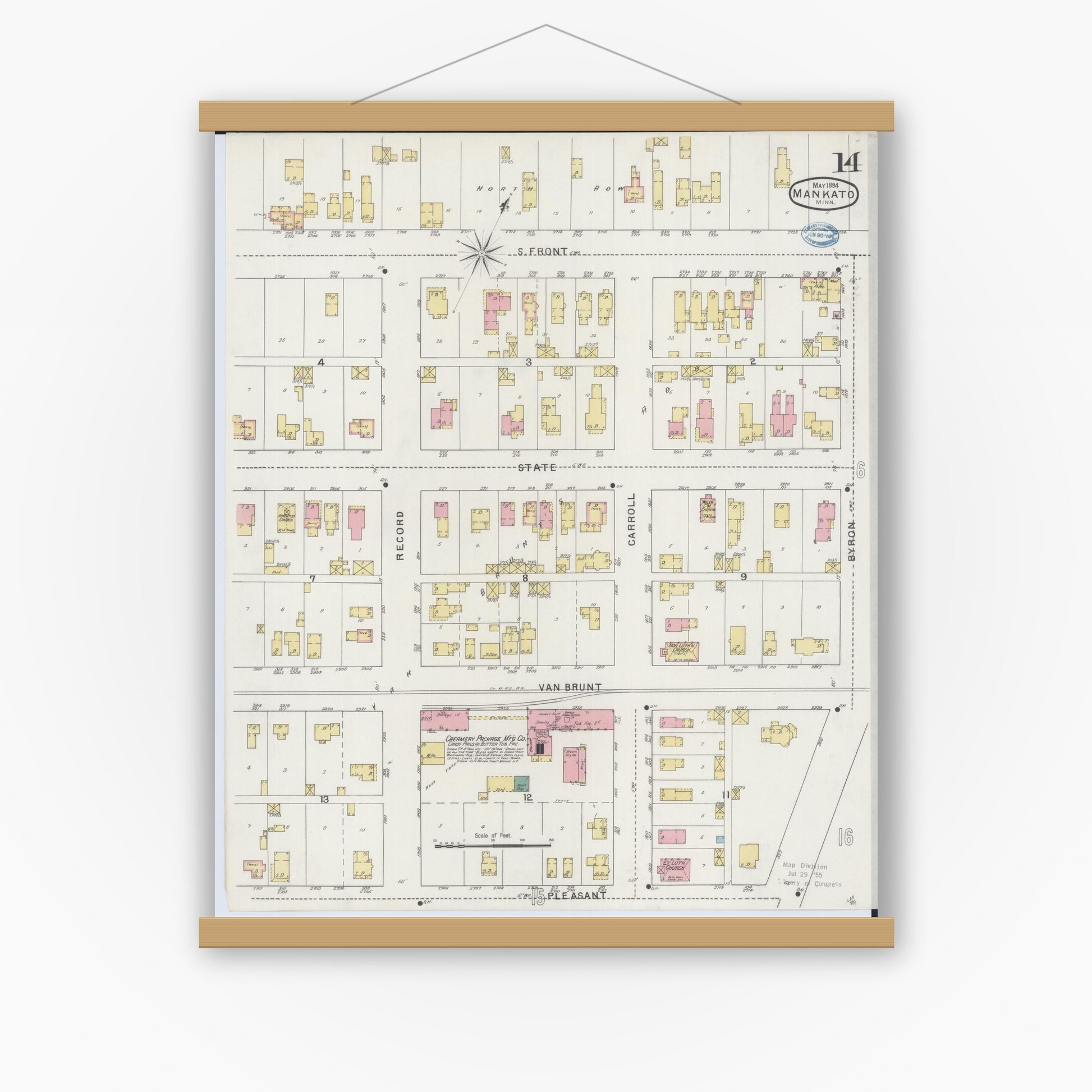 Old map wall art mockup — magnetic wood frame on white wall — Sanborn Fire Insurance Map from Mankato, Blue Earth County, Minnesota (1894), Sheet #0014