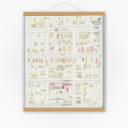 Old map wall art mockup — magnetic wood frame on white wall — Sanborn Fire Insurance Map from Mankato, Blue Earth County, Minnesota (1894), Sheet #0014