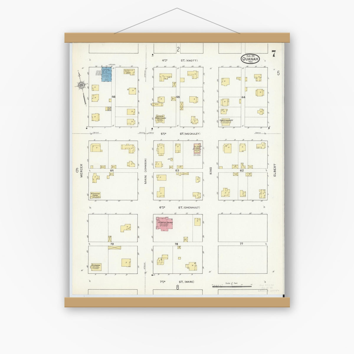 Old map wall art mockup — magnetic wood frame on white wall — Sanborn Fire Insurance Map from Quanah, Hardeman County, Texas (1915), Sheet #0007