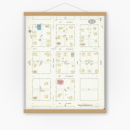 Old map wall art mockup — magnetic wood frame on white wall — Sanborn Fire Insurance Map from Quanah, Hardeman County, Texas (1915), Sheet #0007