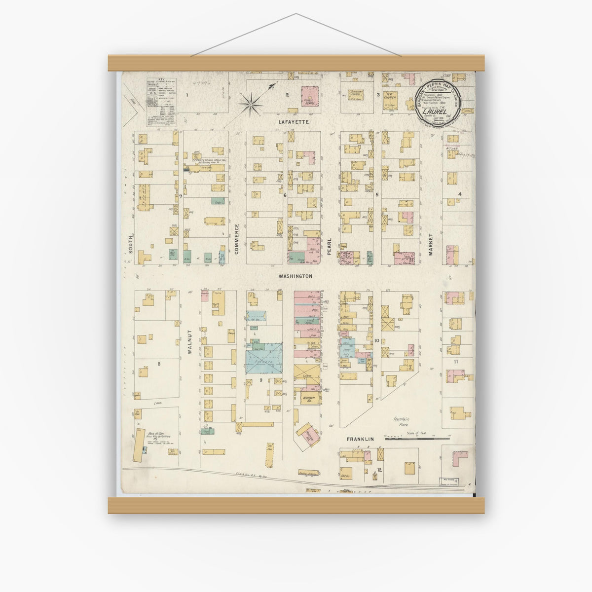 Old map wall art mockup — magnetic wood frame on white wall — Sanborn Fire Insurance Map from Laurel, Franklin County, Indiana (1896), Sheet #0001