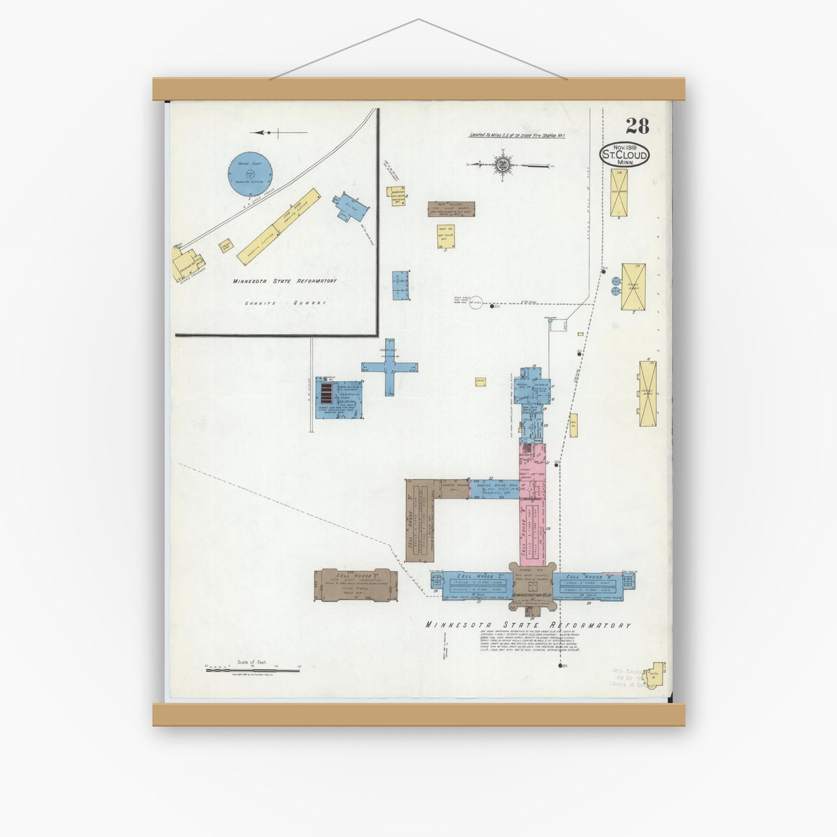Old map wall art mockup — magnetic wood frame on white wall — Sanborn Fire Insurance Map from Saint Cloud, Stearns, Benton, and Sherburne Counties, Minnesota (1919), Sheet #0028