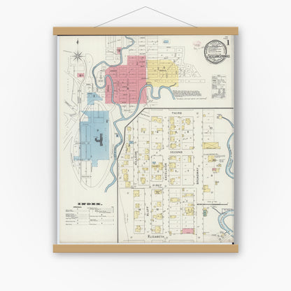 Old map wall art mockup — magnetic wood frame on white wall — Sanborn Fire Insurance Map from Excelsior Springs, Clay County, Missouri (1894) - Complete Map Set
