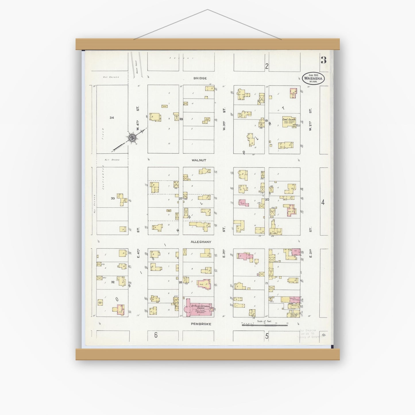 Old map wall art mockup — magnetic wood frame on white wall — Sanborn Fire Insurance Map from Wabasha, Wabasha County, Minnesota (1910), Sheet #0003