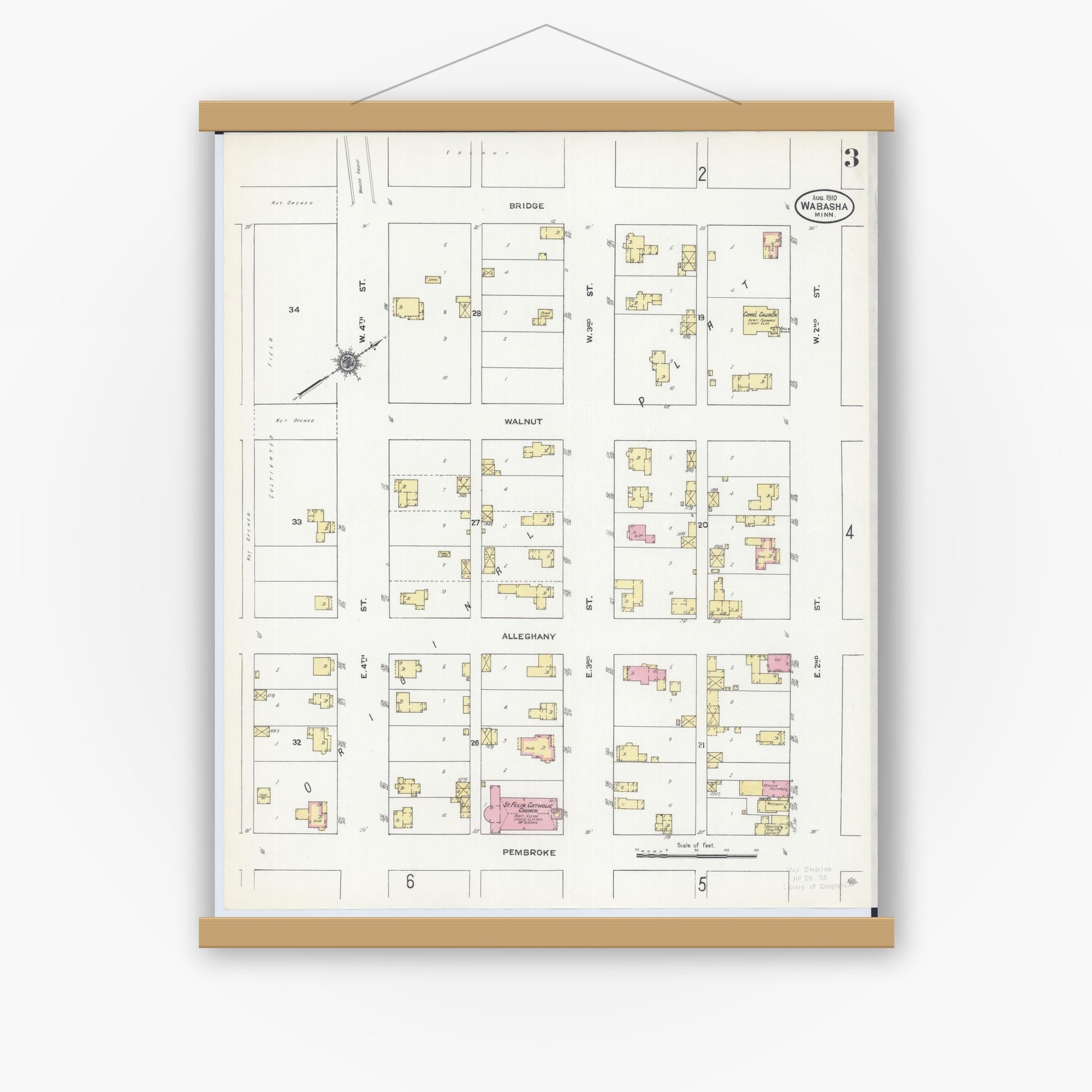 Old map wall art mockup — magnetic wood frame on white wall — Sanborn Fire Insurance Map from Wabasha, Wabasha County, Minnesota (1910), Sheet #0003