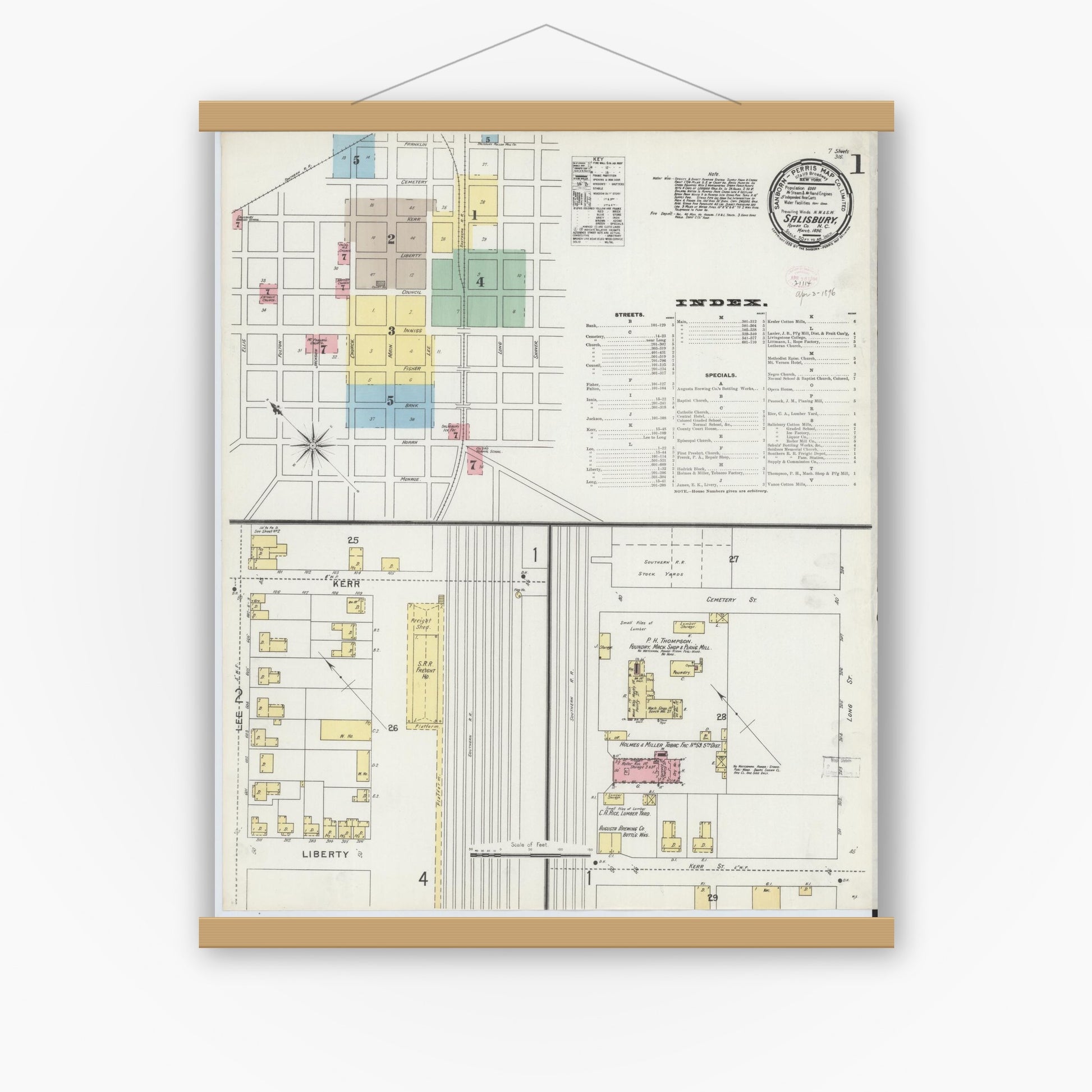 Old map wall art mockup — magnetic wood frame on white wall — Sanborn Fire Insurance Map from Salisbury, Rowan County, North Carolina (1896) - Complete Map Set
