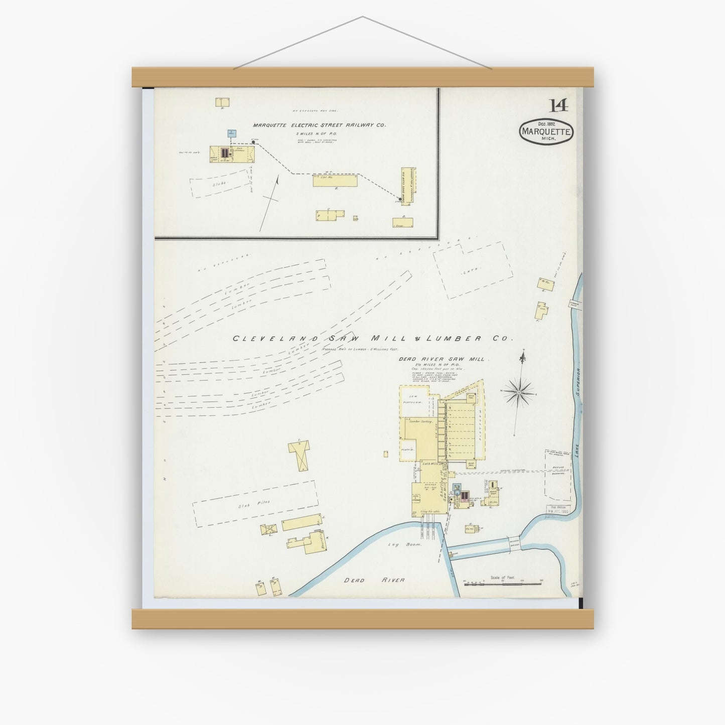 Old map wall art mockup — magnetic wood frame on white wall — Sanborn Fire Insurance Map from Marquette, Marquette County, Michigan (1892), Sheet #0014