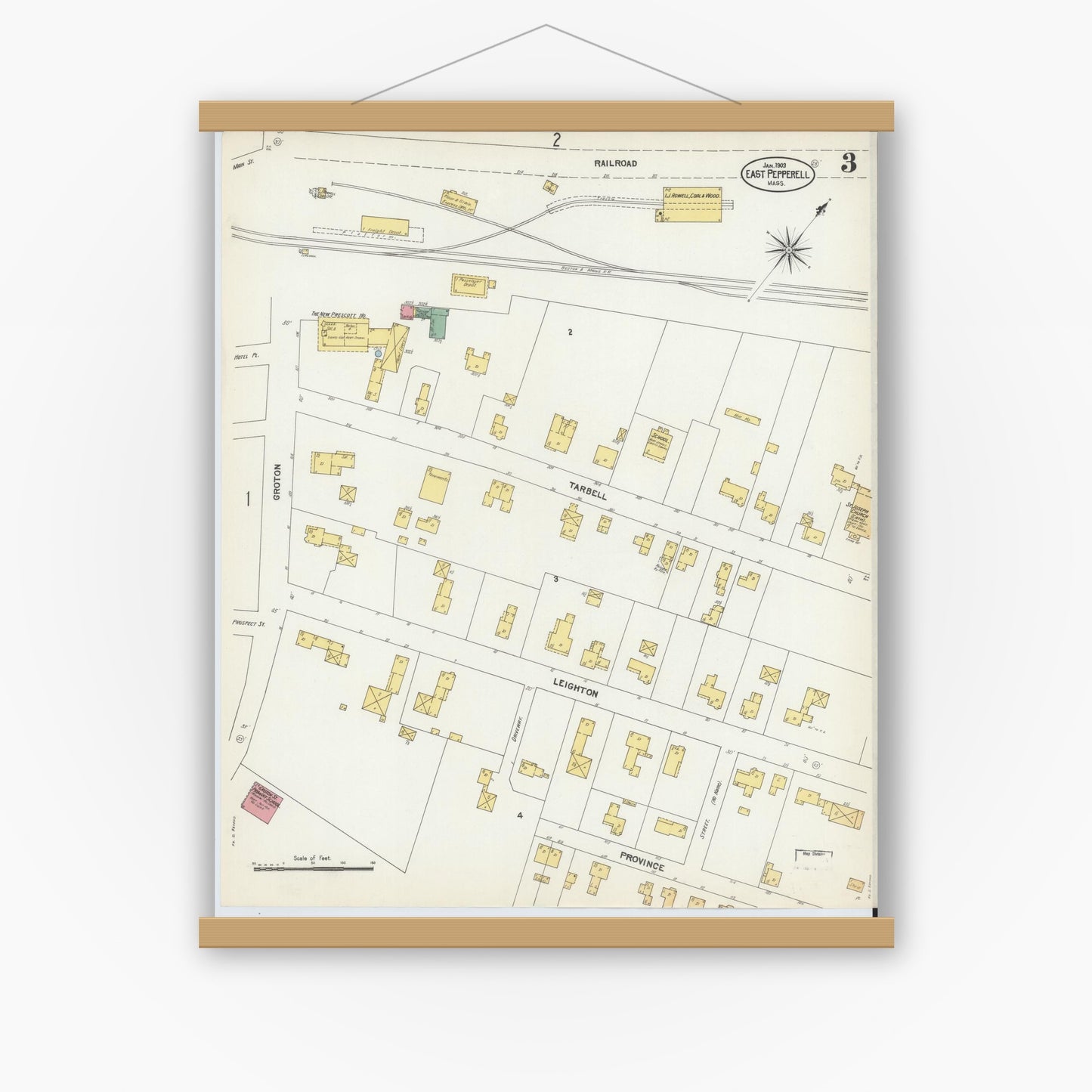 Old map wall art mockup — magnetic wood frame on white wall — Sanborn Fire Insurance Map from East Pepperell, Middlesex County, Massachusetts (1903), Sheet #0003